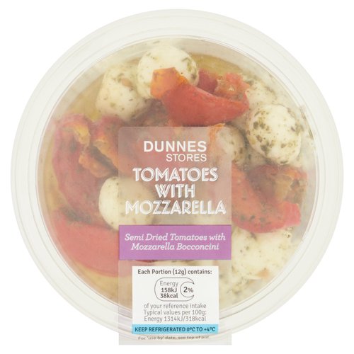 Semi Dried Tomatoes and Mozzarella Cheese<br/><br/><b>Features</b><br/>Semi dried tomatoes with mozzarella bocconcini<br/>Suitable for Vegetarians<br/><br/><b>Lifestyle</b><br/>Suitable for Vegetarians<br/><br/><b>Pack Size</b><br/>120g ℮<br/><br/><b>Usage Other Text</b><br/>Number of Servings Per Pack: 10<br/><br/><b>Usage Count</b><br/>Number of uses - Servings - 10<br/><br/><br/><b>Ingredients</b><br/>Semi Dried Tomatoes (45%) [Tomato, Salt]<br/>Mozzarella (27%) (<span style='font-weight: bold;'>Milk</span>, Salt, Vegetarian Rennet)<br/>Sunflower Oil<br/>Basil<br/>Lemon Juice Concentrate<br/>White Wine Vinegar<br/>Salt<br/>Acidity Regulator: Lactic Acid<br/>Basil Extract<br/>Preservative: Potassium Sorbate<br/>Black Pepper<br/>Parsley<br/>Antioxidant: Ascorbic Acid<br/><br/><b>Allergy Advice</b><br/>For allergens, see ingredients in bold.<br/><br/><br/><b>Storage Type</b><br/>Chilled<br/><br/><b>Storage and Usage Statements</b><br/>Not Suitable for Home Freezing<br/>Keep Refrigerated<br/><br/><b>Storage</b><br/>- Keep refrigerated at 0°C to +4°C.<br/>
- Consume within 3 days of opening and by ‘use by' date.<br/>
- For ‘use by' date, see top of pot.<br/>
- Not suitable for home freezing.<br/><br/><b>Storage Conditions</b><br/>Min Temp °C 0<br/>Max Temp °C 4<br/><br/>Packed In - Belgium<br/><br/><b>Origin</b><br/>Packed in Belgium<br/><br/><b>Company Name</b><br/>Dunnes Stores<br/><br/><b>Company Address</b><br/>46-50 South Great George's Street,<br/>
Dublin 2.<br/>
<br/>
Store 3,<br/>
Forestside S.C.,<br/>
Upr. Galwally Rd.,<br/>
Belfast,<br/>
BT8 6FX.<br/><br/><b>Return To</b><br/>Dunnes Stores,<br/>
46-50 South Great George's Street,<br/>
Dublin 2.<br/>
<br/>
Dunnes Stores,<br/>
Store 3,<br/>
Forestside S.C.,<br/>
Upr. Galwally Rd.,<br/>
Belfast,<br/>
BT8 6FX.<br/>