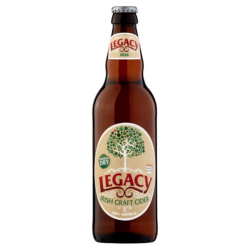 Irish Craft Cider Medium Dry<br/><br/><b>Features</b><br/>100% natural<br/><br/><b>Pack Size</b><br/>500ML ℮<br/><br/><b>General Alcohol Data</b><br/>Alcohol By Volume - 5<br/>Units - 2.5<br/><br/><b>Storage Type</b><br/>Ambient<br/><br/><b>Storage</b><br/>Best Before: See Cap<br/><br/><b>Company Name</b><br/>Legacy Irish Craft Cider<br/><br/><b>Company Address</b><br/>Carrigroe,<br/>
Dungarvan,<br/>
Co. Waterford.<br/><br/><b>Return To</b><br/>Legacy Irish Craft Cider,<br/>
Carrigroe,<br/>
Dungarvan,<br/>
Co. Waterford.<br/>
info@legacyirishcider.ie<br/><br/>
