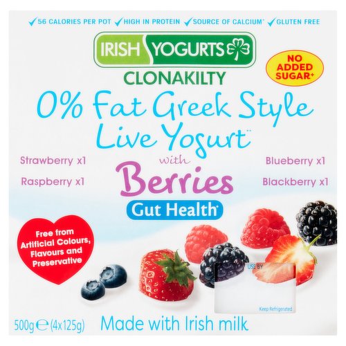 Irish Yogurts Clonakilty 0% Fat Greek Style Live Yogurt with Berries 4 x 125g (500g)