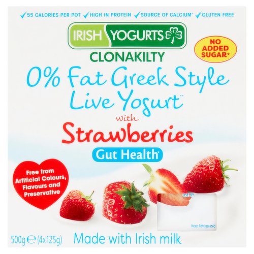 Irish Yogurts Clonakilty 0% Fat Greek Style Live Yogurt with Strawberries 4 x 125g (500g)