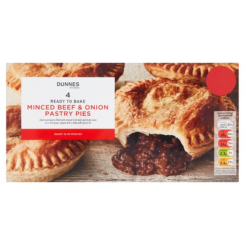 Shortcrust Pastry Based Filled with Minced Irish Beef and Onion in a Rich Gravy with a Flaky Puff Pastry Lid<br/><br/><b>Features</b><br/>Ready in 35 minutes<br/>Free from hydrogenated fat<br/>Free from artificial colours, flavours and preservatives<br/><br/><b>Pack Size</b><br/>612g ℮<br/><br/><b>Usage Other Text</b><br/>Number of servings per pack: 4<br/><br/><b>Usage Count</b><br/>Number of uses - Servings - 4<br/><br/><b>Recycling Info</b><br/>Carton - Paper - Widely Recycled<br/>Tray - Metal - Check Local Recycling<br/><br/><br/><b>Ingredients</b><br/>Minced Beef and Onion Filling (45%) [Water, Minced Irish Beef (32.5%), Onions (7.6%), Seasoning (Caramelised Sugar Powder, Fortified <span style='font-weight: bold;'>Wheat</span> Flour (<span style='font-weight: bold;'>Wheat</span> Flour, Calcium Carbonate, Iron, Niacin (B3), Thiamin (B1)), Hydrolysed Vegetable Protein, Salt, Onion Powder, Yeast Extract, Dextrose, Flavourings (Maltodextrin, Salt, <span style='font-weight: bold;'>Soy</span> Sauce (Water, <span style='font-weight: bold;'>Soy</span> Beans, <span style='font-weight: bold;'>Wheat</span>, Salt), Malt Vinegar (<span style='font-weight: bold;'>Barley</span>), Malt Extract (<span style='font-weight: bold;'>Barley</span>), Sugar, Bay Extract), Gelling Agent: Methyl Cellulose; Sugar, White Pepper, Sunflower Oil, Mushroom Powder (Mushroom Juice Concentrate, Maltodextrin)), Corn Flour, Fortified <span style='font-weight: bold;'>Wheat</span> Flour (<span style='font-weight: bold;'>Wheat</span> Flour, Calcium Carbonate, Iron, Niacin (B3), Thiamin (B1)), Tomato Paste, Worcestershire Sauce (Brown Malt Vinegar (<span style='font-weight: bold;'>Barley</span>), Black Treacle (Molasses, Invert Sugar Syrup), Water, Onion, Salt, Tamarind Extract, Garlic, Spices (Ground Cloves, Ground Black Pepper), Lemon Oil), Gelling Agent: Methyl Cellulose]<br/>Shortcrust Pastry (33%) [Fortified <span style='font-weight: bold;'>Wheat</span> Flour (<span style='font-weight: bold;'>Wheat</span> Flour, Calcium Carbonate, Iron, Niacin (B3), Thiamin (B1)), Shortening (Vegetable Oils (Palm, Rapeseed), Water, Salt, Emulsifier: Mono & Di-Glycerides of Fatty Acids), Water, Vegetable Oil (Palm), <span style='font-weight: bold;'>Wheat</span> Flour, Flour Treatment Agent: L- Cysteine; Salt]<br/>Puff Pastry (22%) [Fortified <span style='font-weight: bold;'>Wheat</span> Flour (<span style='font-weight: bold;'>Wheat</span> Flour, Calcium Carbonate, Iron, Niacin (B3), Thiamin (B1)), Water, Vegetable Oil (Palm), Shortening (Vegetable Oils (Palm, Rapeseed), Water, Salt, Emulsifier: Mono & Di-Glycerides of Fatty Acids), Salt, <span style='font-weight: bold;'>Wheat</span> Flour, Flour Treatment Agent: L- Cysteine; Glaze (Dextrin, Dextrose)]<br/><br/><b>Allergy Advice</b><br/>For allergens, including Cereals containing Gluten, see ingredients in <span style='font-weight: bold;'>bold</span>.<br/><br/><br/><b>Allergy Text</b><br/>May also contain Milk.<br/><br/><br/><b>Safety Warning</b><br/>CAUTION<br/>
Whilst every effort has been made to remove all bones, some may remain.<br/><br/><b>Storage Type</b><br/>Frozen<br/><br/><b>Storage and Usage Statements</b><br/>Cannot be Microwaved<br/>Keep Frozen<br/><br/><b>Storage</b><br/>Keep frozen -18°C or colder.<br/>
Keep frozen and use within the following periods.<br/>
Ice making compartment: 3 days<br/>
Star marked frozen food compartments: * 1 week<br/>
Star marked frozen food compartments: ** 1 month<br/>
Star marked frozen food compartments: *** until 'best before end' date<br/>
Star marked frozen food compartments: * *** until 'best before end' date<br/>
Once thawed do not refreeze.<br/>
For 'best before end' date, see side of pack.<br/><br/><b>Storage Conditions</b><br/>Max Temp °C -18<br/><br/><b>Cooking Guidelines</b><br/>Oven cook - From Frozen - Cooking times will vary with appliances, the following are guidelines only. Not suitable for microwave cooking. Remove all packaging. For best results always cook from frozen.<br/>
200°C Fan 180°C Gas 6 30-35 mins.<br/>
Preheat oven to required temperature shown above. Place pastry pies on a baking tray on the middle shelf of the oven and cook for time indicated. Allow to stand for 1 minute before serving.<br/>
Always check the product is piping hot throughout before serving. Do not reheat once cooked.<br/><br/><b>Origin</b><br/>Produced and packed in Co. Kildare using Irish beef<br/><br/><b>Company Name</b><br/>Dunnes Stores<br/><br/><b>Company Address</b><br/>46-50 South Great George's Street,<br/>
Dublin 2.<br/>
<br/>
Store 3,<br/>
Forestside S.C,<br/>
Upr Galwally Rd,<br/>
Belfast,<br/>
BT86FX.<br/><br/><b>Return To</b><br/>Quality Guarantee<br/>
Dunnes Stores is a brand of quality and better value since 1944. If you try and are not entirely satisfied with this Dunnes Stores product, please return the item with the original packaging and receipt to the store and we will be happy to replace or refund it for you. This does not affect your statutory rights.<br/>
Dunnes Stores,<br/>
46-50 South Great George's Street,<br/>
Dublin 2.<br/>
<br/>
Dunnes Stores,<br/>
Store 3,<br/>
Forestside S.C,<br/>
Upr Galwally Rd,<br/>
Belfast,<br/>
BT86FX.<br/>