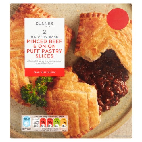 Dunnes Stores 2 Ready to Bake Minced Beef & Onion Puff Pastry Slices 2 x 160g (320g)