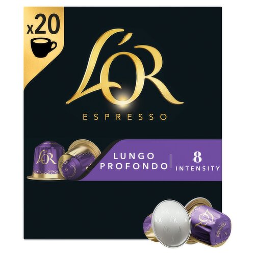 Roast and ground Coffee in Capsules.<br/><br/><b>Further Description</b><br/>For more information see www.lorespresso.com<br/><br/><b>Features</b><br/>L'OR aluminium coffee pods<br/>Intensity 8<br/>Coffee Capsules X20<br/><br/><b>Pack Size</b><br/>104g ℮<br/><br/><b>Usage Count</b><br/>Number of uses - Count - 20<br/><br/><b>Storage Type</b><br/>Ambient<br/><br/><b>Storage</b><br/>Store in a cool, dry place.<br/><br/>Country of Origin - France<br/><br/><b>Company Address</b><br/>UK: Freepost RSTU-ZHXL-EJKL,<br/>
Horizon,<br/>
Honey Lane,<br/>
Maidenhead,<br/>
SL6 6RJ.<br/>
<br/>
Ireland: 2nd Floor,<br/>
Block F1,<br/>
East Point Business Park,<br/>
Dublin 3,<br/>
Ireland.<br/><br/><b>Telephone Helpline</b><br/>UK: 0808 100 8787<br/>Ireland: 1800207275<br/><br/><b>Return To</b><br/>UK: Consumer Response,<br/>
Freepost RSTU-ZHXL-EJKL,<br/>
Horizon,<br/>
Honey Lane,<br/>
Maidenhead,<br/>
SL6 6RJ.<br/>
Freephone: 0808 100 8787<br/>
<br/>
Ireland: 2nd Floor,<br/>
Block F1,<br/>
East Point Business Park,<br/>
Dublin 3,<br/>
Ireland.<br/>
Freephone: 1800207275<br/><br/>