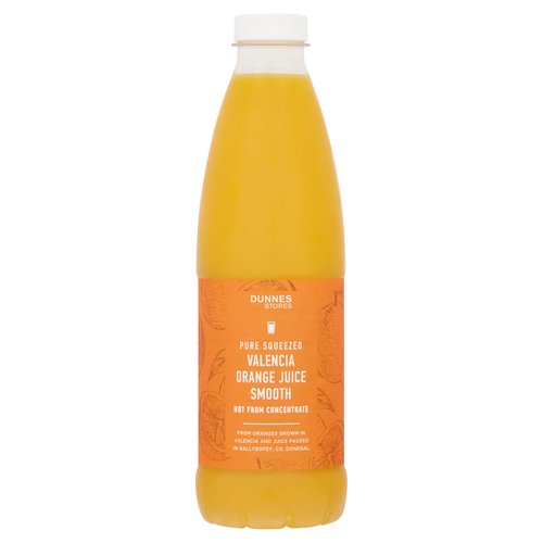 Pasteurised Spanish Valencia Orange Juice, Not from Concentrate'<br/><br/><b>Nutritional Claims</b><br/>High in Vitamin C<br/><br/><b>Features</b><br/>Not from Concentrate<br/>We've Squeezed 8 Oranges Per Bottle<br/>Each 150ml = 1 of 5 a Day<br/>High in Vitamin C<br/>Suitable for Vegetarians<br/><br/><b>Lifestyle</b><br/>Suitable for Vegetarians<br/><br/><b>Pack Size</b><br/>1L ℮<br/><br/><b>Usage Other Text</b><br/>Number of Servings Per Pack: 6 Approx.<br/><br/><b>Usage Count</b><br/>Number of uses - Servings - 6<br/><br/><b>Recycling Info</b><br/>Bottle - Widely Recycled<br/>Cap - Check Locally<br/><br/><br/><b>Ingredients</b><br/>Valencia Orange Juice (100%)<br/><br/><b>Storage Type</b><br/>Chilled<br/><br/><b>Storage and Usage Statements</b><br/>Keep Refrigerated<br/><br/><b>Storage</b><br/>Keep Refrigerated 0ºC to +4ºC.<br/>
- Once opened, consume within 4 days and by 'use by' date.<br/>
- For 'use by' date, see neck of bottle.<br/><br/><b>Storage Conditions</b><br/>Min Temp °C 0<br/>Max Temp °C 4<br/><br/><b>Preparation and Usage</b><br/>Serving<br/>
- Best served chilled.<br/>
- This product may separate naturally.<br/>
- Shake well before opening.<br/><br/><b>Origin</b><br/>From Oranges Grown in Valencia and Juice Packed in Ballybofey, Co. Donegal<br/><br/><b>Company Name</b><br/>Dunnes Stores<br/><br/><b>Company Address</b><br/>46-50 South Great George's Street,<br/>
Dublin 2.<br/>
<br/>
Store 3,<br/>
Forestside S.C.,<br/>
Upr. Galwally Rd,<br/>
Belfast,<br/>
BT8 6FX.<br/><br/><b>Return To</b><br/>Quality Guarantee: If you are not satisfied with this product please return to store and we will be happy to replace or refund it for you. This does not affect your statutory rights.<br/>
Dunnes Stores,<br/>
46-50 South Great George's Street,<br/>
Dublin 2.<br/>
<br/>
Dunnes Stores,<br/>
Store 3,<br/>
Forestside S.C.,<br/>
Upr. Galwally Rd,<br/>
Belfast,<br/>
BT8 6FX.<br/>