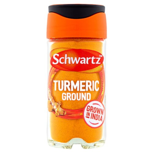 Ground Turmeric<br/><br/><b>Features</b><br/>Grown in India for a deliciously authentic colour and flavour<br/><br/><b>Pack Size</b><br/>37g ℮<br/><br/><b>Recycling Info</b><br/>Cap - Plastic - Check Local Recycling<br/>Jar - Glass - Widely Recycled<br/><br/><b>Storage Type</b><br/>Ambient<br/><br/><b>Storage</b><br/>Store in a cool, dry place out of direct sunlight.<br/><br/><b>Preparation and Usage</b><br/>Top Tips... Add to Indian yoghurt-based marinades with chilli and lemon, curries or aromatic biryani and rice dishes.<br/><br/>Country of Origin - Produce of the EU<br/><br/><b>Origin</b><br/>Produced in the EU<br/><br/><b>Company Name</b><br/>Schwartz<br/><br/><b>Company Address</b><br/>Pegasus Way,<br/>
Haddenham,<br/>
Aylesbury,<br/>
Bucks,<br/>
HP17 8LB.<br/><br/><b>Return To</b><br/>Schwartz,<br/>
Pegasus Way,<br/>
Haddenham,<br/>
Aylesbury,<br/>
Bucks,<br/>
HP17 8LB.<br/>
schwartz.enquiries@mccormick.co.uk<br/><br/>