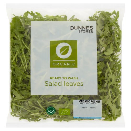 Unwashed Organic Salad Leaves<br/><br/><b>Features</b><br/>Organic<br/>Ready to Wash<br/><br/><b>Lifestyle</b><br/>Organic<br/><br/><b>Recycling Info</b><br/>Film - Not Yet Recycled<br/><br/><b>Storage Type</b><br/>Chilled<br/><br/><b>Storage and Usage Statements</b><br/>Not Suitable for Home Freezing<br/>Keep Refrigerated<br/><br/><b>Storage</b><br/>Best kept refrigerated 0ºC to +4ºC.<br/>
Consume within 48 hours of opening and by 'use by' date.<br/>
For 'use by' date and weight, see front of pack.<br/>
Not suitable for home freezing.<br/><br/><b>Storage Conditions</b><br/>Min Temp °C 0<br/>Max Temp °C 4<br/><br/><b>Preparation and Usage</b><br/>Preparation Instructions<br/>
Wash thoroughly before use.<br/><br/><b>Origin</b><br/>Packed in Co. Meath<br/><br/><b>Company Name</b><br/>Dunnes Stores<br/><br/><b>Company Address</b><br/>46-50 South Great George's Street, <br/>
Dublin 2.<br/>
<br/>
Store 3, <br/>
Forestside S.C., <br/>
Upr. Galwally Rd., <br/>
Belfast, <br/>
BT8 6FX.<br/><br/><b>Return To</b><br/>Quality Guarantee<br/>
Dunnes Stores is a brand of quality and better value since 1944. If you try and are not entirely satisfied with this Dunnes Stores product, please return the item with the original packaging and receipt to the store and we will be happy to replace or refund it for you. This does not affect your statutory rights.<br/>
Dunnes Stores,<br/>
46-50 South Great George's Street, <br/>
Dublin 2.<br/>
<br/>
Dunnes Stores,<br/>
Store 3, <br/>
Forestside S.C., <br/>
Upr. Galwally Rd., <br/>
Belfast, <br/>
BT8 6FX.<br/><br/>