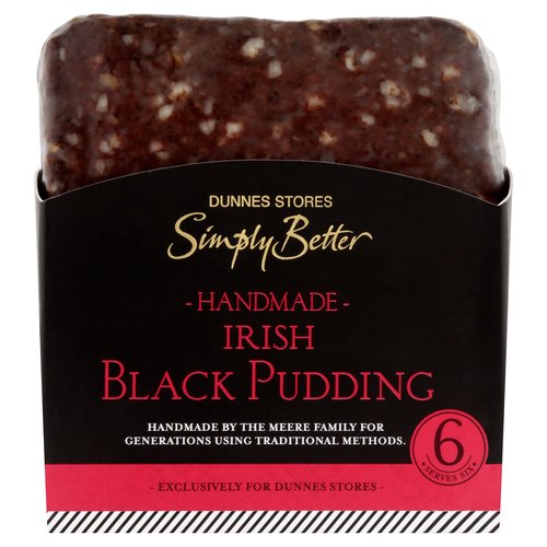 Irish Black Pudding with Pork, Dried Beef Blood and Spices<br/><br/><b>Pack Size</b><br/>300g ℮<br/><br/><b>Usage Count</b><br/>Number of uses - Servings - 6<br/><br/><br/><b>Ingredients</b><br/>Irish Pork (51%)<br/>Water<br/>Pinhead <span style='font-weight: bold;'>Oatmeal</span><br/>Rusk [Fortified <span style='font-weight: bold;'>Wheat</span> Flour (<span style='font-weight: bold;'>Wheat</span> Flour, Calcium Carbonate, Iron, Niacin, Thiamin), Salt]<br/>Dried Beef Blood (2%)<br/>Onion<br/>Seasoning [Salt, Spices. Herbs, Onion Powder]<br/><br/><b>Allergy Advice</b><br/>For allergens, including Cereals containing Gluten, see ingredients in <span style='font-weight: bold;'>bold</span><br/><br/><br/><b>Safety Warning</b><br/>CAUTION<br/>
Whilst every effort has been made to remove all bones, some may remain.<br/><br/><b>Storage Type</b><br/>Chilled<br/><br/><b>Storage and Usage Statements</b><br/>Keep Refrigerated<br/><br/><b>Storage</b><br/>Keep refrigerated 0°C to +4°C.<br/>
Consume within 3 days of opening and by 'use by' date.<br/><br/><b>Storage Conditions</b><br/>Min Temp °C 0<br/>Max Temp °C 4<br/><br/><b>Cooking Guidelines</b><br/>Shallow Fry - From Chilled - Cooking times will vary with appliances, the following are guidelines only. Remove all packaging and cut into slices.<br/>
3-5 mins.<br/>
Pan Fry: Preheat 5ml of oil in a pan over a Medium heat. Place pudding slices into the pan and cook gently for time indicated, turning once halfway through cooking.<br/>
Ensure product is piping hot throughout. Do not reheat.<br/><br/><b>Origin</b><br/>Produced and Packed in Co. Clare<br/><br/><b>Company Name</b><br/>Dunnes Stores / Dunnes Stores (Bangor) Ltd.<br/><br/><b>Company Address</b><br/>Dunnes Stores,<br/>
46-50 South Great George's Street,<br/>
Dublin 2.<br/>
<br/>
Dunnes Stores (Bangor) Ltd.,<br/>
28 Hill Street,<br/>
Newry,<br/>
Co. Down,<br/>
BT34 1AR.<br/><br/><b>Return To</b><br/>Our Quality Guarantee<br/>
Dunnes Stores is a brand of quality and better value since 1944. If you try and are not entirely satisfied with this Dunnes Stores product, please return the item with the original packaging and receipt to the store and we will be happy to replace or refund it for you. This does affect your statutory rights.<br/>
Dunnes Stores,<br/>
46-50 South Great George's Street,<br/>
Dublin 2.<br/>
<br/>
Dunnes Stores (Bangor) Ltd.,<br/>
28 Hill Street,<br/>
Newry,<br/>
Co. Down,<br/>
BT34 1AR.<br/>