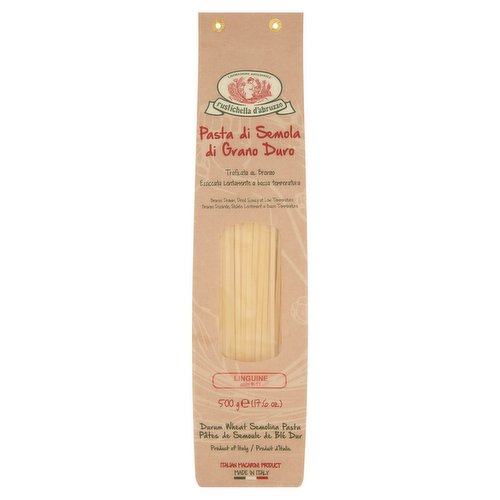 Durum Wheat Semolina Pasta<br/><br/><b>Features</b><br/>Bronze drawn, dried slowly at low temperature<br/>Italian macaroni product<br/><br/><b>Pack Size</b><br/>500g ℮<br/><br/><br/><b>Ingredients</b><br/>Durum <span style='font-weight: bold;'>Wheat</span> Semolina<br/>Water<br/><br/><b>Allergy Text</b><br/>Contains Wheat.<br/><br/><br/><b>Storage Type</b><br/>Ambient<br/><br/><b>Storage</b><br/>Store in a cool, dry place away from light and direct heat.<br/>
Best before: see the date printed on the package.<br/><br/><b>Preparation and Usage</b><br/>Bronze Drawn, Dried Slowly at Low Temperature<br/>
The Secret for A Perfect<br/>
Pasta Cooking "Al Dente". For every 100 g of dry pasta, you need about 1 litre of water (preferably not hard water). Boil the water slowly. Add about 10 g of salt, pour in the pasta and turn up the stove, so that boiling is faster. Stir with a wooden utensil and let the pasta cook for the recommended time. When ready, add a cup of cold water and drain. Season to taste.<br/><br/>Country of Origin - Italy<br/><br/><b>Origin</b><br/>Product of Italy<br/><br/><b>Company Name</b><br/>Rustichella d'Abruzzo S.p.A.<br/><br/><b>Company Address</b><br/>P.zza Vestini, 20,<br/>
65019 - Pianella (PE),<br/>
Italy.<br/><br/><b>Telephone Helpline</b><br/>+ 39 085.971308<br/><br/><b>Web Address</b><br/>www.rustichella.it<br/><br/><b>Return To</b><br/>Rustichella d'Abruzzo S.p.A.,<br/>
P.zza Vestini, 20,<br/>
65019 - Pianella (PE),<br/>
Italy.<br/>
Tel. + 39 085.971308<br/>
Fax + 39 085.972521<br/>
www.rustichella.it<br/>
info@rustichella.it<br/>