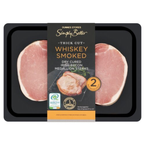 Dry Cured Whiskey Smoked Irish Bacon Medallion Steaks<br/><br/><b>Pack Size</b><br/>340g ℮<br/><br/><b>Usage Other Text</b><br/>Number of Servings Per Pack: 2<br/><br/><b>Usage Count</b><br/>Number of uses - Servings - 2<br/><br/><br/><b>Ingredients</b><br/>Irish Pork Loin (97%)<br/>Salt<br/>Sugar<br/>Antioxidant: Sodium Ascorbate<br/>Preservatives: Sodium Nitrite, Potassium Nitrate<br/><br/><b>Safety Warning</b><br/>CAUTION<br/>
- This product is raw and must be cooked.<br/>
- Whilst every effort has been made to remove all bones, some may remain.<br/>
- FOOD SAFETY TIP: Wash all surfaces, utensils and hands after preparing raw meat. Keep all raw and cooked products separate.<br/><br/><b>Storage Type</b><br/>Chilled<br/><br/><b>Storage and Usage Statements</b><br/>Suitable for Home Freezing<br/>Keep Refrigerated<br/><br/><b>Storage</b><br/>Keep Refrigerated 0°C to +4°C.<br/>
- Consume within 48 hours of opening and by ‘use by' date.<br/>
- For 'use by' date, see back of pack.<br/>
- Suitable for home freezing.<br/>
- If freezing, freeze on the day of purchase and consume within 1 month.<br/>
- Defrost thoroughly in refrigerator before cooking and use within 24 hours.<br/>
- Once thawed do not refreeze.<br/><br/><b>Storage Conditions</b><br/>Min Temp °C 0<br/>Max Temp °C 4<br/><br/><b>Cooking Guidelines</b><br/>Cooking Instructions - General - Cooking times will vary with appliances, the following are guidelines only. Remove all packaging.<br/>
Ensure Product is Piping Hot Throughout. Do Not Reheat.<br/>Grill - From Chilled - 12 mins.<br/>
Preheat grill to a Medium temperature. Place steaks under grill and cook for time indicated, turning halfway through cooking.<br/>Shallow Fry - From Chilled - 12 mins.<br/>
Preheat 5ml of oil in a pan over a Medium heat. Place steaks in pan and cook gently for time indicated, turning halfway through cooking.<br/><br/>Country of Origin - Ireland<br/><br/><b>Origin</b><br/>Produced and packed in Co. Kilkenny<br/><br/><b>Company Name</b><br/>Dunnes Stores<br/><br/><b>Company Address</b><br/>46-50 South Great George's Street,<br/>
Dublin 2.<br/>
<br/>
Store 3,<br/>
Forestside S.C.,<br/>
Upr. Galwally Rd.,<br/>
Belfast,<br/>
BT8 6FX.<br/><br/><b>Return To</b><br/>Our Quality Guarantee<br/>
Dunnes Stores is a brand of quality and better value since 1944. If you try and are not entirely satisfied with this Dunnes Stores product, please return the item with the original packaging and receipt to the store and we will be happy to replace or refund it for you. This does not affect your statutory rights.<br/>
Dunnes Stores,<br/>
46-50 South Great George's Street,<br/>
Dublin 2.<br/>
<br/>
Dunnes Stores,<br/>
Store 3,<br/>
Forestside S.C.,<br/>
Upr. Galwally Rd.,<br/>
Belfast,<br/>
BT8 6FX.<br/>