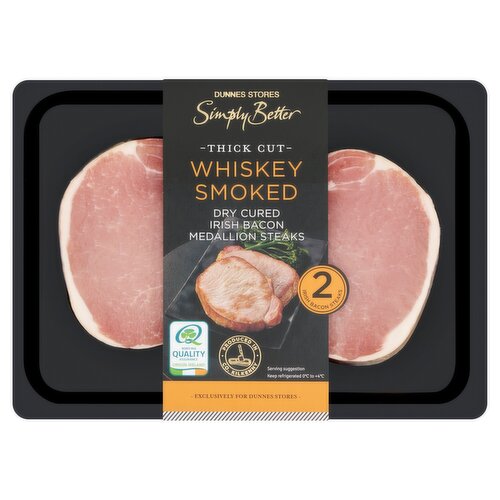 Dunnes Stores Simply Better 2 Dry Cured Whiskey Smoked Irish Bacon Medallion Steaks 340g