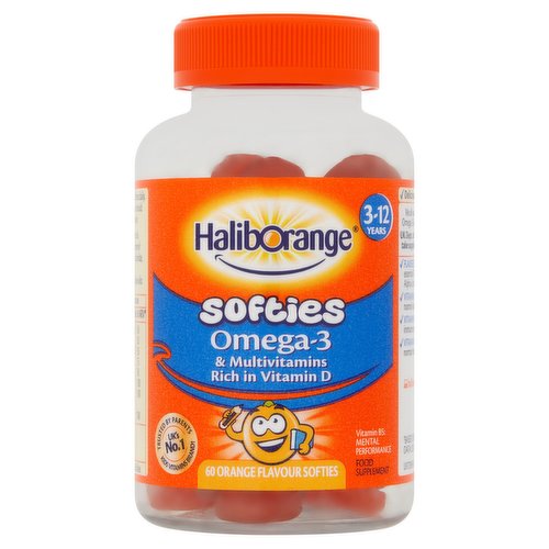 60 Orange multivitamin with omega-3 softies-food supplement.<br/><br/><b>Further Description</b><br/>UK Dept. of Health recommends all children from 6 months to 5 years take supplements in the form of Vitamins A, C & D. (Source:nhs.uk)<br/><br/><b>Features</b><br/>Omega-3 & multivitamins<br/>Rich in vitamin D<br/>Vitamin B5: Mental performance<br/>Contains & essential vitamins<br/>Delicious orange flavour<br/><br/><br/><b>Ingredients</b><br/>Glucose Syrup<br/>Bovine Gelatin<br/>Flaxseed Oil<br/>L-Ascorbic Acid<br/>D-Calcium Pantothenate<br/>DL-Alpha-Tocopheryl Cholecalciferol<br/>Cyanocobalamin<br/>Gelling Agent: Pectin, Maltodextrin<br/>Acid: Citric Acid, Natural Flavouring<br/>Vegetable Oils: Coconut, Canola<br/>Glazing Agent: Carnauba Wax<br/>Colour: Carmine<br/><br/><b>Lower Age Limit</b><br/>Advisory - Years - 3<br/>Statutory - Years - 12<br/><br/><b>Number of Units</b><br/>60<br/><br/><b>Safety Warning</b><br/>Do not exceed the recommended intake. Food supplements should not be used as a substitute for a varied diet and healthy lifestyle.<br/>
<br/>
KEEP OUT OF REACH OF YOUNG CHILDREN.<br/>
CHECK SEAL IS INTACT BEFORE PURCHASE.<br/><br/><b>Storage Type</b><br/>Ambient<br/><br/><b>Storage</b><br/>Store in a cool, dry place, below 25°c.<br/>
Replace lid securely.<br/>
Best before end: See bottom of jar.<br/><br/><b>Storage Conditions</b><br/>Max Temp °C 25<br/><br/><b>Preparation and Usage</b><br/>Recommended daily intake: Children over 3 years take 1-2 Softies daily.<br/><br/>Country of Origin - Germany<br/><br/><b>Origin</b><br/>Made in Germany<br/><br/><b>Company Name</b><br/>PharmaCare (Europe) Ltd. / PAC Health (Europe) Ltd.<br/><br/><b>Company Address</b><br/>PharmaCare (Europe) Ltd.,<br/>
Unit 3,<br/>
Dialog,<br/>
Fleming Way,<br/>
Crawley,<br/>
RH109NQ,<br/>
United Kingdom.<br/>
<br/>
PAC Health (Europe) Ltd.,<br/>
38 Main St,<br/>
Swords,<br/>
Co. Dublin,<br/>
K67 E0A2,<br/>
Ireland.<br/><br/><b>Web Address</b><br/>haliborange.com<br/><br/><b>Return To</b><br/>PharmaCare (Europe) Ltd.,<br/>
Unit 3,<br/>
Dialog,<br/>
Fleming Way,<br/>
Crawley,<br/>
RH109NQ,<br/>
United Kingdom.<br/>
<br/>
PAC Health (Europe) Ltd.,<br/>
38 Main St,<br/>
Swords,<br/>
Co. Dublin,<br/>
K67 E0A2,<br/>
Ireland.<br/>
cs@pharmacareeurope.com<br/>
haliborange.com<br/><br/><style>table {border-collapse:collapse}td {background:#f0f3f7;border: 1px solid gray;border-collapse:collapse;} th {background:lightgray;border: 1px solid gray;border-collapse:collapse;} .sectHead {font-weight:bold;} </style><p><span class=sectHead>Nutrition</span><table><tr><th></th><th>Per 1 Softie</th><th>% NRV*</th></tr><tr><td>Vitamin A</td><td>400 µg</td><td>50</td></tr><tr><td>Vitamin D</td><td>2.5 µg</td><td>50</td></tr><tr><td>Vitamin E</td><td>6 mg</td><td>50</td></tr><tr><td>Vitamin C</td><td>60 mg</td><td>75</td></tr><tr><td>Niacin</td><td>8 mg</td><td>50</td></tr><tr><td>Vitamin B6</td><td>1.4 mg</td><td>100</td></tr><tr><td>Vitamin B12</td><td>2.5 µg</td><td>100</td></tr><tr><td>Pantothenic Acid (Vitamin B5)</td><td>6 mg</td><td>100</td></tr><tr><td>Flaxseed Oil of which ALA</td><td>220 mg</td><td></td></tr><tr><td>Omega 3</td><td>100 mg</td><td></td></tr><tr><td>*NRV = Nutrient Reference Value</td><td></td><td></td></tr></table></p>