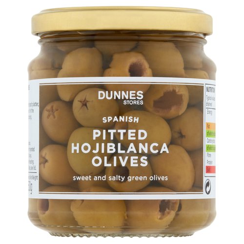 Pitted Green Hojiblanca Olives in Brine<br/><br/><b>Features</b><br/>Sweet and salty green olives<br/>Free from Artificial Colours and Flavours<br/>Suitable for vegans<br/><br/><b>Lifestyle</b><br/>Suitable for Vegans<br/><br/><b>Pack Size</b><br/>280g ℮<br/><br/><br/><b>Ingredients</b><br/>Olives (53%)<br/>Water<br/>Sea Salt<br/>White Wine Vinegar (Preservative: <span style='font-weight: bold;'>Sulphur Dioxide</span>)<br/>Acidity Regulator: Citric Acid<br/><br/><b>Allergy Advice</b><br/>For allergens, see ingredients in <span style='font-weight: bold;'>bold</span>.<br/><br/><br/><b>Safety Warning</b><br/>CAUTION<br/>
Whilst every effort has been made to remove all stalks and stones from olives, some may remain.<br/><br/><b>Storage Type</b><br/>Ambient<br/><br/><b>Storage and Usage Statements</b><br/>Not Suitable for Home Freezing<br/><br/><b>Storage</b><br/>- Store in a cool, dry place.<br/>
- Once opened, keep refrigerated and consume within 3 days.<br/>
- Not suitable for home freezing.<br/>
- For 'best before end' date, see lid.<br/><br/><b>Preparation and Usage</b><br/>Serving<br/>
- Serve as part of an antipasti platter, add to pizza or pasta or for the perfect bruschetta topping.<br/><br/>Packed In - Italy<br/><br/><b>Origin</b><br/>Packed in Italy<br/><br/><b>Company Name</b><br/>Dunnes Stores / Dunnes Stores (Bangor) Ltd.<br/><br/><b>Company Address</b><br/>Dunnes Stores,<br/>
46-50 South Great George's Street,<br/>
Dublin 2.<br/>
<br/>
Dunnes Stores (Bangor) Ltd.,<br/>
28 Hill Street,<br/>
Newry,<br/>
Co. Down,<br/>
BT34 1AR.<br/><br/><b>Return To</b><br/>Quality Guarantee<br/>
If you are not satisfied with this product please return to store and we will be happy to replace or refund it for you. This does not affect your statutory rights.<br/>
Dunnes Stores,<br/>
46-50 South Great George's Street,<br/>
Dublin 2.<br/>
<br/>
Dunnes Stores (Bangor) Ltd.,<br/>
28 Hill Street,<br/>
Newry,<br/>
Co. Down,<br/>
BT34 1AR.<br/>
