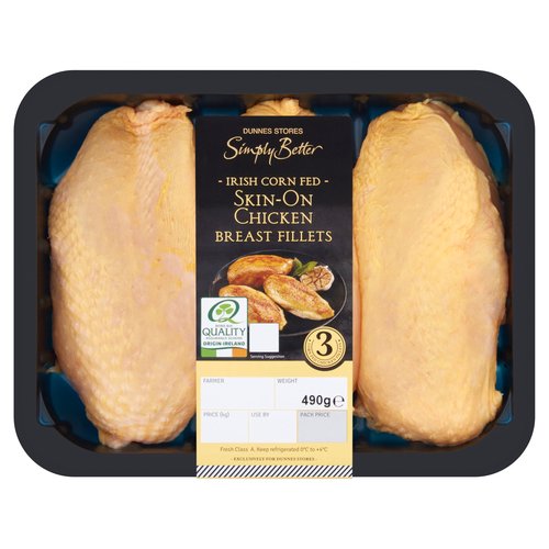 Dunnes Stores Simply Better 3 Irish Corn Fed Skin-On Chicken Breast Fillets 490g