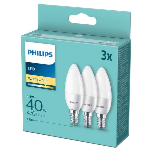 Philips LED Frosted Candle Bulb E14 Small Edison Screw 5.5W (40 Equivalent) Non-Dimmable Warm White