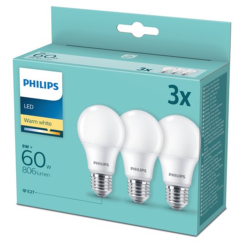 Philips LED Frosted Light Bulb E27 Edison Screw 8W (60 Equivalent) Non-Dimmable Warm White 3 Pack