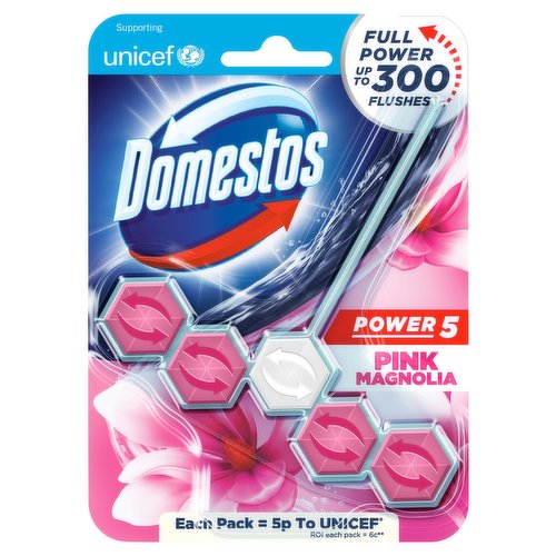 <b>Features</b><br/>Domestos Power 5 Pink Magnolia toilet blocks clean and freshen your toilet with full power for up to 300 flushes<br/>Power 5 rim blocks release a fresh, long-lasting pink magnolia fragrance and offer up to 3x more limescale prevention*<br/>Our Pink Magnolia toilet rim blocks pair well with Domestos Original Thick Bleach that eliminates 99.9% of bacteria and viruses<br/>This powerful toilet rim block leaves your toilet hygienically clean, fresh and shiny<br/>Domestos Power 5 Pink Magnolia Toilet Rim Blocks offer 5 powerful benefits in one: hygiene, long-lasting fragrance, limescale prevention, rich foam, and a shiny toilet<br/>Domestos means more than toilet cleaners – we protect families worldwide fighting poor sanitation and helping them gain access to clean and safe toilets<br/><br/><b>Pack Size</b><br/>1piece ℮<br/><br/><br/><b>Ingredients</b><br/><5% non-ionic surfactants, perfume, phosphates, aromatic hydrocarbons, Citronellol, Linalool, Hexyl Cinnamal, Alpha-Isomethyl Ionone, Benzyl Alcohol, Citral, Limonene.;Ingredients:  >30% Anionic surfactants<br/><br/><b>Safety Warning</b><br/>Keep out of reach of children. If on skin: Wash with plenty of water. If skin irritation occurs: Get medical advice/attention. If in eyes: Rinse cautiously with water for several minutes. Remove contact lenses, if present and easy to do. Continue rinsing. If eye irritation persists: Get medical advice/attention. Avoid release to the environment. Dispose of contents/container in accordance to national regulations<br/>
DANGER  Causes serious eye damage. Causes skin irritation. Harmful to aquatic life with long lasting effects. Contains Linalyl acetate, Tetramethyl acetyloctahydronaphthalenes, Linalool, 4-TERT-BUTYLCYCLOHEXYL ACETATE, CITRONELLOL, TETRAHYDRALINALOOL. May produce an allergic reaction. Contains: SODIUM DODECYLBENZENESULFONATE, SODIUM LAURYL SULFATE, Ethoxylated Alcohols.<br/><br/><b>Storage Type</b><br/>Ambient<br/><br/><b>Preparation and Usage</b><br/>Hang over rim of the toilet bowl ensuring it is in the flow of water. <br/><br/>Country of Origin - Poland<br/><br/><b>Origin</b><br/>Poland<br/><br/><b>Company Name</b><br/>Unilever UK Ltd. / Unilever Ireland Ltd.<br/><br/><b>Company Address</b><br/>Unilever UK Ltd,<br/>
Springfield Drive,<br/>
Leatherhead,<br/>
KT22 7GR<br/>
<br/>
Unilever Ireland Ltd,<br/>
20 Riverwalk,<br/>
National Digital Park,<br/>
Citywest,<br/>
Dublin 24,<br/>
Ireland<br/><br/><b>Telephone Helpline</b><br/>Questions, comments or suggestions? <br/>
Call our Domestos Hygiene Adviser:<br/>
'UK: 0800 776 645<br/>
NI: 0800 783 5604<br/>
ROI: 1850 301 302 (Callsave)<br/><br/><b>Web Address</b><br/>www.unilever.com<br/>
www.domestos.co.uk<br/>
www.domestos.ie<br/><br/>