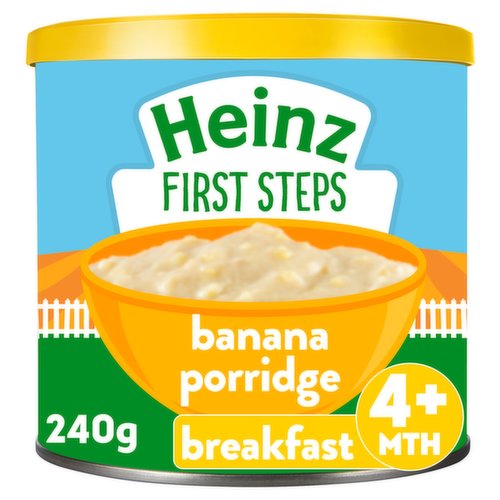 Banana flavoured multigrain porridge with milk and added vitamins & minerals<br/><br/><b>Further Description</b><br/>Use as part of a varied weaning diet.<br/><br/><b>Nutritional Claims</b><br/>No Added Sugar<br/><br/><b>Features</b><br/>12 yummy servings<br/>With a handy scoop inside<br/>Smooth<br/>Source of Calcium & vitamin D<br/>No added egg<br/>No Added Sugar<br/>No Artificial Flavours, Colours or Preservatives<br/><br/><b>Lifestyle</b><br/>No Added Sugar<br/><br/><b>Pack Size</b><br/>240g ℮<br/><br/><b>Usage Other Text</b><br/>Approximately 12 x 20g servings per pack<br/><br/><b>Usage Count</b><br/>Number of uses - Servings - 12<br/><br/><b>Recycling Info</b><br/>Can - Widely Recycled<br/>Foil - Widely Recycled<br/>Lid - Widely Recycled<br/><br/><br/><b>Ingredients</b><br/>Flours (37%, Rice, Maize, Millet)<br/>Demineralised Whey Powder (20%, from <span style='font-weight: bold;'>Milk</span>)<br/>Skimmed <span style='font-weight: bold;'>Milk</span> Powder (17%)<br/>Maltodextrin<br/>Whole <span style='font-weight: bold;'>Milk</span> Powder (5%)<br/>Dried Banana prepared from 33g of Banana<br/><span style='font-weight: bold;'>Milk</span> Protein<br/>Sustainable Palm Oil<br/>Flavouring<br/>Calcium Carbonate<br/>Vitamin C<br/>Niacin<br/>Zinc Sulphate<br/>Vitamin E<br/>Iron<br/>Vitamin B6<br/>Thiamin<br/>Vitamin A<br/>Riboflavin<br/>Folic Acid<br/>Vitamin D<br/>Vitamin B12<br/><br/><b>Lower Age Limit</b><br/>Advisory - Months - 6<br/><br/><b>Storage Type</b><br/>Ambient<br/><br/><b>Storage</b><br/>Best before: see base of pack<br/>
Store In a cool dry place away from odours.<br/>
Use within 6 weeks of opening.<br/><br/><b>Preparation and Usage</b><br/>Just Add Water<br/>
<br/>
Easy prep: Add approx. 60 ml warm water to 3 or 4 scoops of cereal In a bowl and stir. Check the temperature before serving. This Is only a guide, you can prepare Heinz cereals to the texture and quantity your baby loves.<br/><br/><b>Company Name</b><br/>H.J. Heinz Foods UK Ltd. / H.J. Heinz Company (Ireland) Ltd.<br/><br/><b>Company Address</b><br/>H.J. Heinz Foods UK Ltd.,<br/>
London,<br/>
SE1 9SG.<br/>
<br/>
H.J. Heinz Company (Ireland) Ltd.,<br/>
Avoca Court,<br/>
Blackrock,<br/>
Co. Dublin.<br/><br/><b>Telephone Helpline</b><br/>0800 212991<br/>ROI 1800 995311<br/><br/><b>Web Address</b><br/>heinzbaby.co.uk<br/><br/><b>Return To</b><br/>H.J. Heinz Foods UK Ltd.,<br/>
London,<br/>
SE1 9SG.<br/>
Phone 0800 212991 or visit heinzbaby.co.uk<br/>
<br/>
H.J. Heinz Company (Ireland) Ltd.,<br/>
Avoca Court,<br/>
Blackrock,<br/>
Co. Dublin.<br/>
Phone ROI 1800 995311<br/>