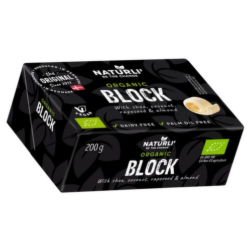 Fat spread 75%<br/><br/><b>Features</b><br/>Organic<br/>100% Vegan<br/><br/><b>Lifestyle</b><br/>Organic<br/>Suitable for Vegans<br/><br/><b>Pack Size</b><br/>200g ℮<br/><br/><br/><b>Ingredients</b><br/>Shea Butter Oil* (43%)<br/>Water<br/>Coconut Oil* (21%)<br/>Rapeseed Oil* (11%)<br/>Salt<br/>ALMOND* (1%)<br/>Carrot Juice*<br/>Emulsifier (Lecithin*)<br/>Lemon Juice*<br/>Natural Flavouring<br/>*Organic<br/><br/><b>Allergy Text</b><br/>May contain traces of: Hazelnut, Cashew and Pistachio.<br/><br/><br/><b>Storage Type</b><br/>Chilled<br/><br/><b>Storage and Usage Statements</b><br/>Suitable for Home Freezing<br/><br/><b>Storage</b><br/>Maximum 8°C. Can be kept frozen for 3 months.<br/><br/><b>Storage Conditions</b><br/>Max Temp °C 8<br/><br/><b>Telephone Helpline</b><br/>+4586148300<br/><br/><b>Web Address</b><br/>www.naturli-foods.com<br/><br/><b>Return To</b><br/>Naturli Foods A/S - TLF.<br/>
+4586148300<br/>
www.naturli-foods.com<br/>