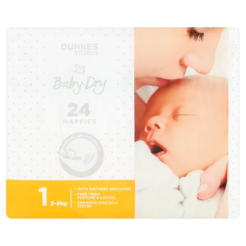 24 Baby Dry Newborn Nappies Size 1<br/><br/><b>Features</b><br/>Magical air channels<br/>With wetness indicator<br/>Free from perfume & lotion<br/>Dermatologically tested<br/><br/><b>Recycling Info</b><br/>Bag - Plastic - Not Currently Recycled<br/><br/><b>Number of Units</b><br/>24<br/><br/><b>Safety Warning</b><br/>CAUTION<br/>
To avoid the risk of suffocation, keep bag away from babies, children and pets.<br/><br/><b>Storage Type</b><br/>Ambient<br/><br/><b>Storage</b><br/>Store in a cool, dry place.<br/><br/>Country of Origin - Czech Republic<br/>Packed In - Czech Republic<br/><br/><b>Origin</b><br/>Produced and packed in Czech Republic<br/><br/><b>Company Name</b><br/>Dunnes Stores<br/><br/><b>Company Address</b><br/>46-50 South Great George's Street,<br/>
Dublin 2.<br/>
<br/>
Store 3,<br/>
Forestside S.C.,<br/>
Upr. Galwally Rd.,<br/>
Belfast,<br/>
BT8 6FX.<br/><br/><b>Return To</b><br/>Quality Guarantee<br/>
If you try and are not satisfied with this product please return the item with original packaging and receipt to the store and we will be happy to replace or refund it for you. This does not affect your statutory rights.<br/>
Dunnes Stores,<br/>
46-50 South Great George's Street,<br/>
Dublin 2.<br/>
<br/>
Dunnes Stores,<br/>
Store 3,<br/>
Forestside S.C.,<br/>
Upr. Galwally Rd.,<br/>
Belfast,<br/>
BT8 6FX.<br/><br/>