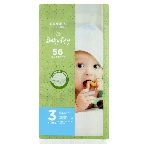 56 Baby Dry Nappies Size 3<br/><br/><b>Features</b><br/>Magical air channels<br/>Up to 12 hours dryness<br/>Free from perfume & lotion<br/>Dermatologically tested<br/><br/><b>Recycling Info</b><br/>Bag - Plastic - Not Currently Recycled<br/><br/><b>Number of Units</b><br/>56<br/><br/><b>Safety Warning</b><br/>CAUTION<br/>
To avoid the risk of suffocation, keep bag away from babies, children and pets.<br/><br/><b>Storage Type</b><br/>Ambient<br/><br/><b>Storage</b><br/>Store in a cool, dry place.<br/><br/>Country of Origin - Czech Republic<br/>Packed In - Czech Republic<br/><br/><b>Origin</b><br/>Produced and packed in Czech Republic<br/><br/><b>Company Name</b><br/>Dunnes Stores<br/><br/><b>Company Address</b><br/>46-50 South Great George's Street,<br/>
Dublin 2.<br/>
<br/>
Store 3,<br/>
Forestside S.C.,<br/>
Upr. Galwally Rd.,<br/>
Belfast,<br/>
BT8 6FX.<br/><br/><b>Return To</b><br/>Quality Guarantee<br/>
If you try and are not satisfied with this product please return the item with original packaging and receipt to the store and we will be happy to replace or refund it for you. This does not affect your statutory rights.<br/>
Dunnes Stores,<br/>
46-50 South Great George's Street,<br/>
Dublin 2.<br/>
<br/>
Dunnes Stores,<br/>
Store 3,<br/>
Forestside S.C.,<br/>
Upr. Galwally Rd.,<br/>
Belfast,<br/>
BT8 6FX.<br/><br/>