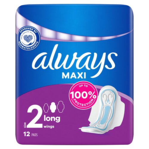 Always Maxi Long Sanitary Towels (Size 2) Wings,12 Pads - Dunnes