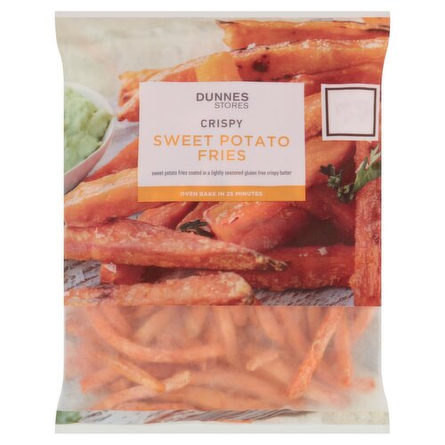 Pre-Fried and Quick-Frozen Sweet Potato Fries Coated in A Seasoned Gluten Free Batter<br/><br/><b>Features</b><br/>Crispy<br/>Sweet potato fries coated in a lightly seasoned gluten free crispy batter<br/>Oven Bake in 25 Minutes<br/>Free from Hydrogenated Fat<br/>Free from Gluten/Wheat<br/>Suitable for Vegetarians<br/><br/><b>Lifestyle</b><br/>Gluten free<br/>Suitable for Vegetarians<br/><br/><b>Pack Size</b><br/>600g ℮<br/><br/><br/><b>Ingredients</b><br/>Sweet Potato (86%)<br/>Sunflower Oil<br/>Rice Flour<br/>Modified Potato Starch<br/>Potato Dextrin<br/>Maize Flour<br/>Salt<br/>Raising Agents: Diphosphates, Sodium Carbonates<br/>Stabiliser: Xanthan Gum<br/>Colours: Paprika Extracts<br/>Curcumin<br/><br/><b>Storage Type</b><br/>Frozen<br/><br/><b>Storage and Usage Statements</b><br/>Cannot be Microwaved<br/>Keep Frozen<br/><br/><b>Storage</b><br/>Keep frozen -18°C or colder.<br/>
- Keep frozen and use within the following periods.<br/>
Ice making compartment: 3 days<br/>
Star marked frozen food compartments:<br/>
* 1 week<br/>
** 1 month<br/>
*** until 'best before end' date<br/>
**** until 'best before end' date<br/>
- Once thawed do not refreeze.<br/><br/><b>Storage Conditions</b><br/>Max Temp °C -18<br/><br/><b>Cooking Guidelines</b><br/>Cooking Instructions - General - Cooking times will vary with appliances, the following are guidelines only. Not suitable for microwave cooking.<br/>
Always check the product is piping hot throughout before serving. Do not reheat once cooked.<br/>Deep Fry - From Frozen - Preheat oil to the required temperature as indicated.<br/>
Place sweet potato fries in the deep fat fryer and cook for time indicated or until golden and crisp. Drain and serve.<br/>
175°C, 2 1/2- 3 1/2 mins.<br/>Oven cook - From Frozen - Remove all packaging. For best results always cook from frozen. 220°C, Fan 200°C, Gas 7 20-25 mins. Oven: Preheat oven to required temperature shown above. Place a single layer of sweet potato fries on a baking tray on the middle shelf of the oven and cook for time indicated, turning halfway through cooking to ensure they are golden and crisp.<br/><br/><b>Company Name</b><br/>Dunnes Stores<br/><br/><b>Company Address</b><br/>46-50 South Great George's Street,<br/>
Dublin 2.<br/>
<br/>
Store 3, Forestside S.C.,<br/>
Upr. Galwally Rd.,<br/>
Belfast,<br/>
BT8 6FX.<br/><br/><b>Return To</b><br/>Quality Guarantee<br/>
Dunnes Stores is a brand of quality and better value since 1944. If you try and are not entirely satisfied with this Dunnes Stores product, please return the item with the original packaging and receipt to the store and we will be happy to replace or refund it for you. This does not affect your statutory rights.<br/>
Dunnes Stores,<br/>
46-50 South Great George's Street,<br/>
Dublin 2.<br/>
<br/>
Dunnes Stores,<br/>
Store 3, Forestside S.C.,<br/>
Upr. Galwally Rd.,<br/>
Belfast,<br/>
BT8 6FX.<br/>