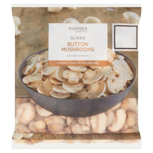 Quick-Frozen Sliced Button Mushrooms<br/><br/><b>Features</b><br/>Ready to cook sliced mushrooms<br/>Carefully selected and prepared<br/>Suitable for vegetarians<br/><br/><b>Lifestyle</b><br/>Suitable for Vegetarians<br/><br/><b>Pack Size</b><br/>500g ℮<br/><br/><b>Usage Other Text</b><br/>Number of servings per pack: 6 approx<br/><br/><b>Usage Count</b><br/>Number of uses - Servings - 6<br/><br/><b>Recycling Info</b><br/>Bag - Not Yet Recycled<br/><br/><br/><b>Ingredients</b><br/>Bacon Mushrooms (100%)<br/><br/><b>Storage Type</b><br/>Frozen<br/><br/><b>Storage and Usage Statements</b><br/>Keep Frozen<br/><br/><b>Storage</b><br/>Keep Frozen -18°C or colder.<br/>
- Once thawed do not refreeze.<br/>
- Keep frozen and use within the following periods.<br/>
Ice making compartment: 3 days<br/>
Star marked frozen food compartments:<br/>
* 1week<br/>
** 1 month<br/>
*** until 'best before end' date<br/>
**** until 'best before end' date<br/><br/><b>Storage Conditions</b><br/>Max Temp °C -18<br/><br/><b>Cooking Guidelines</b><br/>Cooking Instructions - General - Cooking times will vary with appliances, the following are guidelines only. Remove all packaging. <br/>
Always check the product is piping hot throughout before serving. Do not reheat once cooked.<br/>Microwave - From Frozen - 650W 6-7 mins., 750W 5-6 mins., 850W 4 1/2 mins.<br/>
Remove all packaging. Place 160g of sliced mushrooms into a microwaveable container and cook for time indicated. Stirring halfway through cooking. Allow to stand for 1 minute. Stir and serve.<br/>Shallow Fry - From Frozen - 5-7 mins.<br/>
Preheat 1 tablespoon of oil in a pan over a Medium heat. Place sliced mushrooms in pan and cook gently for time indicated, stir frequently. Drain and serve.<br/><br/>Country of Origin - Netherlands<br/>Packed In - Netherlands<br/><br/><b>Origin</b><br/>Produced and packed in the Netherlands<br/><br/><b>Company Name</b><br/>Dunnes Stores<br/><br/><b>Company Address</b><br/>46-50 South Great George's Street,<br/>
Dublin 2.<br/>
<br/>
Store 3,<br/>
Forestside S.C.,<br/>
Upr. Galwally Rd.,<br/>
Belfast,<br/>
BT8 6FX.<br/><br/><b>Return To</b><br/>Quality Guarantee<br/>
Dunnes Stores is a brand of quality and better value since 1944. If you try and are not entirely satisfied with this Dunnes Stores product, please return the item with the original packaging and receipt to the store and we will be happy to replace or refund it for you. This does not affect your statutory rights.<br/>
Dunnes Stores,<br/>
46-50 South Great George's Street,<br/>
Dublin 2.<br/>
<br/>
Dunnes Stores,<br/>
Store 3,<br/>
Forestside S.C.,<br/>
Upr. Galwally Rd.,<br/>
Belfast,<br/>
BT8 6FX.<br/>