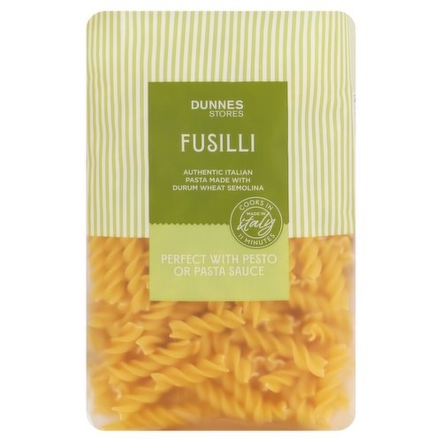 Dried Fusilli Pasta Made with Durum Wheat Semolina<br/><br/><b>Features</b><br/>Authentic Italian pasta made with durum wheat semolina<br/>Perfect with pesto or pasta sauce<br/>Suitable for vegetarians<br/><br/><b>Lifestyle</b><br/>Suitable for Vegetarians<br/><br/><b>Pack Size</b><br/>500g ℮<br/><br/><b>Usage Other Text</b><br/>Number of servings per pack: 6 approx.<br/><br/><b>Usage Count</b><br/>Number of uses - Servings - 6<br/><br/><b>Recycling Info</b><br/>Bag - Plastic - Not Currently Recycled<br/><br/><br/><b>Ingredients</b><br/>Durum <span style='font-weight: bold;'>Wheat</span> Semolina<br/><br/><b>Allergy Advice</b><br/>For allergens, including Cereals containing Gluten, see ingredients in <span style='font-weight: bold;'>bold</span><br/><br/><br/><b>Allergy Text</b><br/>May also contain Soya and Egg<br/><br/><br/><b>Storage Type</b><br/>Ambient<br/><br/><b>Storage</b><br/>Store in a cool dry place.<br/>
Once opened, store in an airtight container.<br/>
For 'best before end' date, see back of pack.<br/><br/><b>Cooking Guidelines</b><br/>Hob - From Ambient - Cooking times will vary with appliances, the following are guidelines only.<br/>
Remove all packaging.<br/>
10-12 mins.<br/>
Per serving, place 75g of pasta in a saucepan of boiling water and bring back to the boil. Simmer for the time indicated above. Drain and serve.<br/><br/><b>Preparation and Usage</b><br/>Our Suggestions<br/>
Serving<br/>
Serve with pesto or pasta sauce of choice.<br/><br/>Country of Origin - Italy<br/>Packed In - Italy<br/><br/><b>Origin</b><br/>Produced and packed for Italy<br/><br/><b>Company Name</b><br/>Dunnes Stores<br/><br/><b>Company Address</b><br/>46-50 South Great George's Street,<br/>
Dublin 2.<br/>
<br/>
Store 3,<br/>
Forestside S.C.,<br/>
Upr. Galwally Rd.,<br/>
Belfast,<br/>
BT8 6FX.<br/><br/><b>Return To</b><br/>Quality Guarantee<br/>
Dunnes Stores is a brand of quality and better value since 1944. If you try and are not entirely satisfied with this Dunnes Stores product, please return the item with the original packaging and receipt to the store and we will be happy to replace or refund it for you. This does not affect your statutory rights.<br/>
Dunnes Stores,<br/>
46-50 South Great George's Street,<br/>
Dublin 2.<br/>
<br/>
Dunnes Stores,<br/>
Store 3,<br/>
Forestside S.C.,<br/>
Upr. Galwally Rd.,<br/>
Belfast,<br/>
BT8 6FX.<br/>