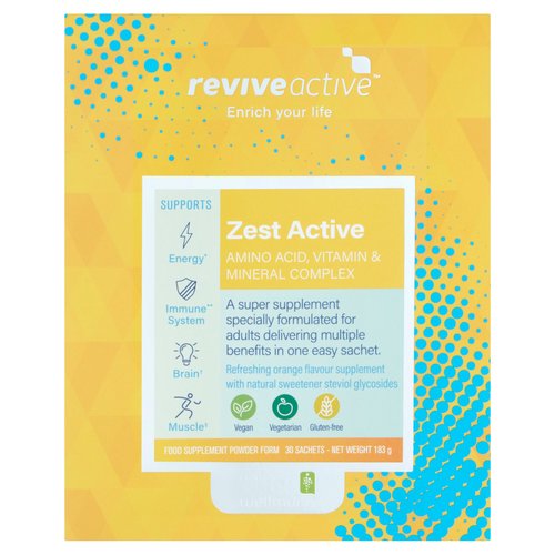 Refreshing orange flavour supplement with natural sweetener steviol glycosides<br/><br/><b>Further Description</b><br/>Informed Sport<br/><br/><b>Features</b><br/>Enrich your life<br/>Amino Acid, Vitamin & Mineral Complex<br/>A super supplement specially formulated for adults delivering multiple benefits in one easy sachet<br/>Food Supplement Powder Form<br/>Informed Sport<br/>Gluten-free<br/>No added sugar - contains naturally occurring sugars<br/>Suitable for vegetarians and vegans<br/><br/><b>Lifestyle</b><br/>Gluten free<br/>No Added Sugar<br/>Suitable for Vegans<br/>Suitable for Vegetarians<br/><br/><b>Pack Size</b><br/>183g ℮<br/><br/><b>Usage Other Text</b><br/>1 sachet per serving<br/><br/><b>Usage Count</b><br/>Number of uses - Servings - 1<br/><br/><br/><b>Ingredients</b><br/>Taurine<br/>L-Glutamine<br/>L-Lysine<br/>Acidifier (dl Malic Acid)<br/>Flavouring (Orange)<br/>Ascorbic Acid (Vitamin C)<br/>Wellmune® Beta 1,3/1,6 Glucans<br/>Colouring (Beta Carotene)<br/>L-Theanine<br/>Sweeteners (Steviol Glycosides)<br/>Magnesium Bisglycinate<br/>L-Choline Bitartrate<br/>Nicotinamide (Vitamin B3)<br/>D-Alpha-Tocopheryl Acetate (Vitamin E)<br/>Calcium Pantothenate (Vitamin B5)<br/>Manganese Citrate<br/>Zinc Gluconate<br/>Pyridoxine HCL (Vitamin B6)<br/>Riboflavin 5-Phosphate R5P (Vitamin B2)<br/>Thiamin HCL (Vitamin B1)<br/>Chromium Picolinate<br/>Calcium L Methylfolate (Folic Acid)<br/>Cupric Gluconate<br/>D-Biotin (Vitamin B7)<br/>Menaquinone-7 (Vitamin K2)<br/>Selenium Enriched Yeast<br/>Cholecalciferol (Vitamin D3 Vegan)<br/>Methylcobalamin (Vitamin B12)<br/>Sodium Molybdate<br/><br/><b>Allergy Text</b><br/>Zest Active is manufactured in an environment that handles Milk, Soya, Cereals containing Gluten, Fish and Sulphites.<br/><br/><br/><b>Lower Age Limit</b><br/>Advisory - Years - 18<br/><br/><b>Safety Warning</b><br/>Food Supplements Should not be used as a substitute for a varied diet and healthy lifestyle.<br/>
<br/>
CAUTION: As with any nutritional supplement please consult your doctor before use, especially if pregnant, lactating, have a known medical condition or are taking medication. Suitable for individuals 18 years and over.<br/><br/><b>Storage Type</b><br/>Ambient<br/><br/><b>Storage</b><br/>Store in a cool dry place, away from direct sunlight and heat. Keep out of the reach of children.<br/><br/><b>Preparation and Usage</b><br/>Directions for Use: Empty contents of sachet into a glass, shaker or water bottle. Add 300ml of water or your favourite juice and stir or shake to dissolve.<br/>
<br/>
Recommended Daily Intake: One sachet per day. Do not exceed the recommended daily intake. Can be taken any time of the day, best taken in the morning on an empty stomach.<br/><br/>Country of Origin - Ireland<br/><br/><b>Origin</b><br/>Made in Ireland<br/><br/><b>Company Name</b><br/>Galway Natural Health Sales Company Ltd<br/><br/><b>Company Address</b><br/>6A Liosban Business Park,<br/>
Tuam Road,<br/>
Galway,<br/>
Ireland,<br/>
H91 A580.<br/><br/><b>Telephone Helpline</b><br/>+353 (0)91 769 803<br/><br/><b>Web Address</b><br/>www.reviveactive.com<br/><br/><b>Return To</b><br/>Galway Natural Health Sales Company Ltd.,<br/>
6A Liosban Business Park,<br/>
Tuam Road,<br/>
Galway,<br/>
Ireland,<br/>
H91 A580.<br/>
Ph: +353 (0)91 769 803<br/>
www.reviveactive.com<br/>