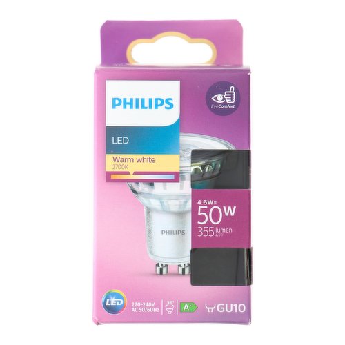 Philips LED Spot Light Bulb GU10 Spotlight 4.6W (50 Equivalent) Non-Dimmable Warm White Single Pack