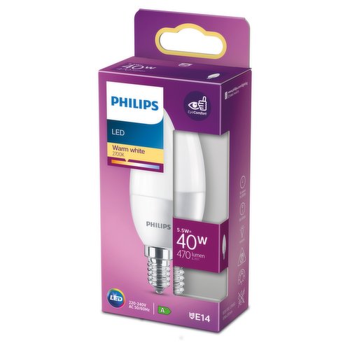 Philips LED Frosted Candle Bulb E14 Small Edison Screw 5.5W (40 Equivalent) Non-Dimmable Warm White