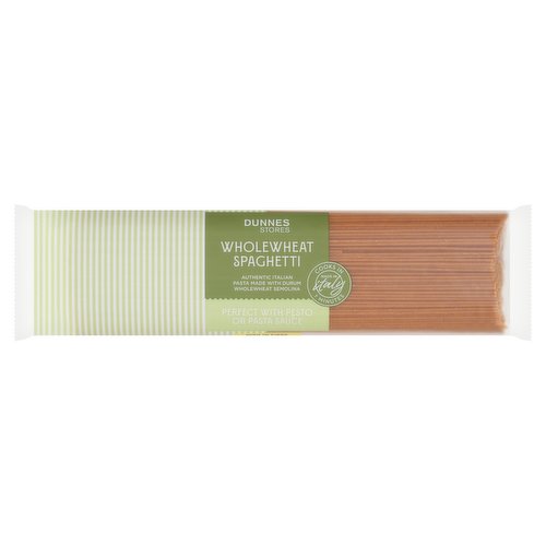 Dried Spaghetti Pasta Made with Durum Wholewheat Semolina<br/><br/><b>Nutritional Claims</b><br/>High in fibre<br/><br/><b>Features</b><br/>Authentic Italian pasta made with durum wholewheat semolina<br/>Perfect with pesto or pasta sauce<br/>High in fibre - wholewheat<br/>Suitable for Vegetarians<br/><br/><b>Lifestyle</b><br/>Suitable for Vegetarians<br/><br/><b>Pack Size</b><br/>500g ℮<br/><br/><b>Usage Other Text</b><br/>Number of servings per pack: 6 approx.<br/><br/><b>Usage Count</b><br/>Number of uses - Servings - 6<br/><br/><b>Recycling Info</b><br/>Bag - Plastic - Not Currently Recycled<br/><br/><br/><b>Ingredients</b><br/>Durum <span style='font-weight: bold;'>Wholewheat</span> Semolina<br/><br/><b>Allergy Advice</b><br/>For allergens, including Cereals containing Gluten, see ingredients in <span style='font-weight: bold;'>bold</span><br/><br/><br/><b>Allergy Text</b><br/>May also contain Egg<br/><br/><br/><b>Storage Type</b><br/>Ambient<br/><br/><b>Storage</b><br/>Store in a cool dry place.<br/>
Once opened, store in an airtight container.<br/><br/><b>Cooking Guidelines</b><br/>Hob - From Ambient - Cooking times will vary with appliances, the following are guidelines only.<br/>
Remove all packaging.<br/>
6-7 mins.<br/>
Per serving, place 80g of pasta in a saucepan of boiling water and bring back to the boil. Simmer for the time indicated above. Drain and serve.<br/><br/><b>Preparation and Usage</b><br/>Our Suggestions<br/>
Serving<br/>
Serve with pesto or pasta sauce of choice.<br/><br/>Country of Origin - Italy<br/>Packed In - Italy<br/><br/><b>Origin</b><br/>Produced and packed in Italy<br/><br/><b>Company Name</b><br/>Dunnes Stores / Dunnes Stores (Bangor) Ltd.<br/><br/><b>Company Address</b><br/>Dunnes Stores,<br/>
46-50 South Great George's Street,<br/>
Dublin 2.<br/>
<br/>
Dunnes Stores (Bangor) Ltd.,<br/>
28 Hill Street,<br/>
Newry,<br/>
Co. Down,<br/>
BT34 1AR.<br/><br/><b>Return To</b><br/>Quality Guarantee<br/>
Dunnes Stores is a brand of quality and better value since 1944. If you try and are not entirely satisfied with this Dunnes Stores product, please return the item with the original packaging and receipt to the store and we will be happy to replace or refund it for you. This does not affect your statutory rights.<br/>
Dunnes Stores,<br/>
46-50 South Great George's Street,<br/>
Dublin 2.<br/>
<br/>
Dunnes Stores (Bangor) Ltd.,<br/>
28 Hill Street,<br/>
Newry,<br/>
Co. Down,<br/>
BT34 1AR.<br/>