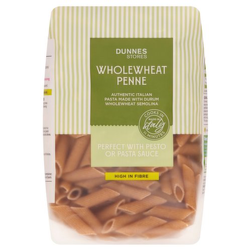 Dried Penne Pasta Made with Durum Wholewheat Semolina<br/><br/><b>Nutritional Claims</b><br/>High in fibre<br/><br/><b>Features</b><br/>Authentic Italian pasta made with durum wholewheat semolina<br/>Perfect with pesto or pasta sauce<br/>High in fibre wholewheat<br/>Suitable for vegetarians<br/><br/><b>Lifestyle</b><br/>Suitable for Vegetarians<br/><br/><b>Pack Size</b><br/>500g ℮<br/><br/><b>Usage Other Text</b><br/>Number of servings per pack: 6 approx.<br/><br/><b>Usage Count</b><br/>Number of uses - Servings - 6<br/><br/><b>Recycling Info</b><br/>Bag - Plastic - Not Currently Recycled<br/><br/><br/><b>Ingredients</b><br/>Durum <span style='font-weight: bold;'>Wholewheat</span> Semolina<br/><br/><b>Allergy Advice</b><br/>For allergens, including Cereals containing Gluten, see ingredients in <span style='font-weight: bold;'>bold</span><br/><br/><br/><b>Allergy Text</b><br/>May also contain Egg<br/><br/><br/><b>Storage Type</b><br/>Ambient<br/><br/><b>Storage</b><br/>Store in a cool dry place.<br/>
Once opened, store in an airtight container.<br/>
For 'best before end' date, see back of pack.<br/><br/><b>Cooking Guidelines</b><br/>Hob - From Ambient - Cooking times will vary with appliances, the following are guidelines only.<br/>
Remove all packaging.<br/>
9-11 mins.<br/>
Per serving, place 80g of pasta in a saucepan of boiling water and bring back to the boil. Simmer for the time indicated above. Drain and serve.<br/><br/><b>Preparation and Usage</b><br/>Serving<br/>
Serve with pesto or pasta sauce of choice.<br/><br/>Country of Origin - Italy<br/>Packed In - Italy<br/><br/><b>Origin</b><br/>Produced and packed in Italy<br/><br/><b>Company Name</b><br/>Dunnes Stores<br/><br/><b>Company Address</b><br/>46-50 South Great George's Street,<br/>
Dublin 2.<br/>
<br/>
Store 3,<br/>
Forestside S.C.,<br/>
Upr. Galwally Rd.,<br/>
Belfast,<br/>
BT8 6FX.<br/><br/><b>Return To</b><br/>Quality Guarantee<br/>
Dunnes Stores is a brand of quality and better value since 1944. If you try and are not entirely satisfied with this Dunnes Stores product, please return the item with the original packaging and receipt to the store and we will be happy to replace or refund it for you. This does not affect your statutory rights.<br/>
Dunnes Stores,<br/>
46-50 South Great George's Street,<br/>
Dublin 2.<br/>
<br/>
Dunnes Stores,<br/>
Store 3,<br/>
Forestside S.C.,<br/>
Upr. Galwally Rd.,<br/>
Belfast,<br/>
BT8 6FX.<br/>