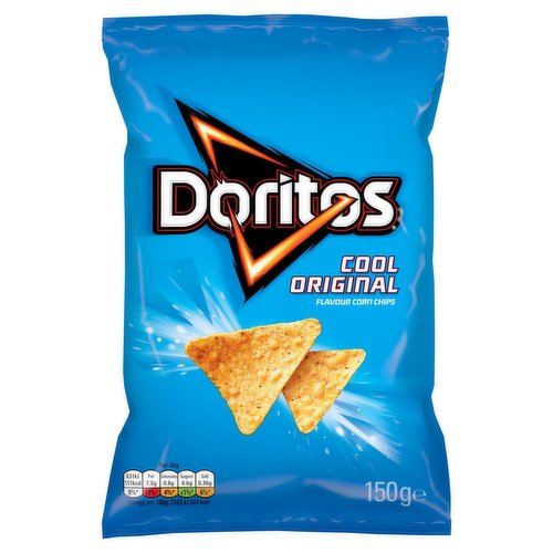 Cool Original Flavour Corn Chips<br/><br/><b>Nutritional Claims</b><br/>Suitable for vegetarians<br/><br/><b>Features</b><br/>Suitable for vegetarians<br/><br/><b>Lifestyle</b><br/>Suitable for Vegetarians<br/><br/><b>Pack Size</b><br/>150g ℮<br/><br/><b>Usage Other Text</b><br/>This Pack Contains 5 Servings<br/><br/><b>Usage Count</b><br/>Number of uses - Servings - 5<br/><br/><br/><b>Ingredients</b><br/>Corn(Maize), Rapeseed Oil, Cool Original Flavour [Flavouring (contains <span style='font-weight: bold;'>Milk</span>),Salt, Glucose Syrup, Sugar, Onion Powder, Potassium Chloride, Cheese powder (from <span style='font-weight: bold;'>Milk</span>), Garlic Powder, Tomato Powder, Flavour Enhancers (Monosodium glutamate, Disodium 5'-ribonucleotides), Acidity Regulators (Malic acid, Sodium acetates, Citric acid), Colour (Annatto bixin), <span style='font-weight: bold;'>Milk</span> Protein, Spice], Antioxidants (Rosemary Extract, Ascorbic Acid, Tocopherol Rich Extract, Citric Acid)<br/><br/><b>Allergy Advice</b><br/>Contains: See highlighted ingredients<br/><br/><br/><b>Allergy Text</b><br/>May contain: Wheat, Gluten, Barley, Soya<br/><br/><br/><b>Storage Type</b><br/>Ambient<br/><br/><b>Storage</b><br/>Store in a cool dry place<br/>
Once opened, consume within 3 days.<br/><br/>Country of Origin - United Kingdom<br/><br/><b>Company Name</b><br/>Walkers Snack Foods Ltd / Walkers<br/><br/><b>Company Address</b><br/>Walkers Snack Foods Ltd,<br/>
PO Box 23,<br/>
Leicester,<br/>
LE4 8ZU,<br/>
UK.<br/>
<br/>
EU: Walkers,<br/>
c/o Dublin 18,<br/>
D18 Y3Y9.<br/><br/><b>Trademark Information</b><br/>Doritos & the Doritos Logo are registered trademarks © 2021.<br/><br/><b>Telephone Helpline</b><br/>UK: 0800 274777<br/>
ROI: 1800 509408<br/><br/><b>Web Address</b><br/>www.doritos.co.uk<br/><br/><b>Return To</b><br/>Thumbs up or thumbs down? It's rare that we get a thumbs down, but if your Doritos experience wasn't top-notch, tell us why, where you bought your chips and send it to us:<br/>
Consumer Care at<br/>
Walkers Snack Foods Ltd,<br/>
PO Box 23,<br/>
Leicester,<br/>
LE4 8ZU,<br/>
UK.<br/>
<br/>
EU: Walkers,<br/>
c/o Dublin 18,<br/>
D18 Y3Y9.<br/>
UK: 0800 274777<br/>
ROI: 1800 509408<br/>
Lines open Weekdays 9am-5pm<br/>
Applies to UK and ROI only.<br/>
Your statutory rights are not affected.<br/>
Visit us at www.doritos.co.uk<br/>