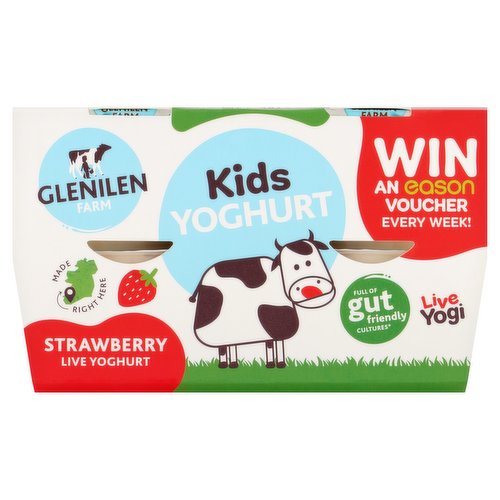 <b>Further Description</b><br/>Consume this product as part of a varied, balanced diet and healthy lifestyle.<br/>
<br/>
Win an Eason Voucher Every Week!<br/>
<br/>
We are offering you and your family the chance to win a €25 Eason's voucher every week with Glenilen Farm Kids Yoghurt. Simply scan the QR code with your phone and use the promotional code inside this pack to enter or log on to https://glenilenfarm.com/kidsyoghurtfun for full details on how to enter. We will be picking a winner every week commencing in March, 2022. Keep an eye on our website and social pages for full details. Plus inside this pack there is lots of fun for the kids including colouring, fun facts and more.<br/><br/><b>Features</b><br/>Live Yogi<br/>No nasties, bits, fruit Concentrates<br/>Suitable for children 6 months plus<br/>Gluten free<br/><br/><b>Lifestyle</b><br/>Gluten free<br/><br/><b>Pack Size</b><br/>90g ℮<br/><br/><br/><b>Ingredients</b><br/>Natural Yoghurt (Pasteurised Whole <span style='font-weight: bold;'>Milk</span>, Water, Skimmed <span style='font-weight: bold;'>Milk</span> Powder, Live Yoghurt Cultures)<br/>Strawberries (11%)<br/>Sugar (3.5%)<br/>Cornflour<br/>Natural Flavourings<br/><br/><b>Allergy Advice</b><br/>Allergen Information See ingredients in <span style='font-weight: bold;'>Bold</span>.<br/><br/><br/><b>Lower Age Limit</b><br/>Advisory - Months - 6<br/><br/><b>Number of Units</b><br/>4<br/><br/><b>Storage Type</b><br/>Chilled<br/><br/><b>Storage and Usage Statements</b><br/>Keep Refrigerated<br/><br/><b>Storage</b><br/>Store at 0° to +4°C. Once opened, store refrigerated (0° to +4°C) and consume within 3 days.<br/><br/><b>Storage Conditions</b><br/>Min Temp °C 0<br/>Max Temp °C 4<br/><br/><b>Company Name</b><br/>Glenilen Farm Ltd<br/><br/><b>Company Address</b><br/>Drimoleague,<br/>
Co. Cork,<br/>
Ireland.<br/><br/><b>Durability after Opening</b><br/>Consume Within - Days - 3<br/><br/><b>Telephone Helpline</b><br/>+353 (028) 31179<br/><br/><b>Web Address</b><br/>www.glenilenfarm.com<br/><br/><b>Return To</b><br/>Contact Us<br/>
Glenilen Farm Ltd,<br/>
Drimoleague,<br/>
Co. Cork,<br/>
Ireland.<br/>
Phone: +353 (028) 31179<br/>
www.glenilenfarm.com<br/>
Email: thekitchen@glenilenfarm.com<br/>