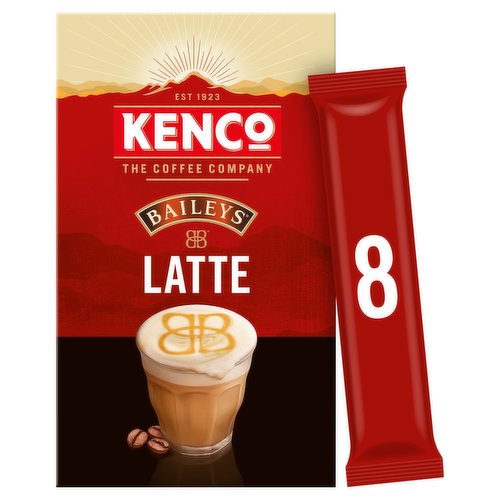 Instant coffee beverage<br/><br/><b>Further Description</b><br/>27% Less Packaging+ Same Number of Servings<br/>
+Based on packaging weight, compared to our previous packs. Please visit kenco.co.uk for more.<br/><br/><b>Features</b><br/>Creamy Baileys taste<br/>With Cream Liqueur Flavour without Alcohol<br/>On the Go<br/><br/><b>Lifestyle</b><br/>Suitable for Vegetarians<br/><br/><b>Pack Size</b><br/>15.0g ℮<br/><br/><b>Usage Other Text</b><br/>8 sticks / pack<br/><br/><b>Usage Count</b><br/>Number of uses - Servings - 8<br/><br/><b>Recycling Info</b><br/>Box - Recycle<br/>Sachet - Don't Recycle<br/><br/><br/><b>Ingredients</b><br/>Skimmed <span style='font-weight: bold;'>Milk</span> Powder (31%)<br/>Sugar<br/>Fully Hydrogenated Coconut Oil<br/>Instant Coffee (9%)<br/>Maltodextrin<br/>Glucose Syrup<br/>Cocoa Powder<br/><span style='font-weight: bold;'>Milk</span> Proteins<br/>Modified Starch<br/>Stabilizers (E340, E452)<br/>Salt<br/>Anticaking Agent (E551)<br/>Flavouring<br/>Emulsifier (E481)<br/><br/><b>Number of Units</b><br/>8<br/><br/><b>Storage Type</b><br/>Ambient<br/><br/><b>Storage</b><br/>For best before see below.<br/>
Store in a cool, dry place.<br/><br/><b>Preparation and Usage</b><br/>It's the Way You Make It<br/>
1. Indulgence begins with one sachet of KENCO latte<br/>
Empty it into your favourite mug<br/>
2. Pour in 200ml of hot water<br/>
Water should not be boiling<br/>
3. Stir well until it looks smooth & silky<br/>
A longer stir makes it even better<br/>
Sip, Savour & Enjoy!<br/><br/><b>Company Name</b><br/>Jacobs Douwe Egberts GB Ltd<br/><br/><b>Company Address</b><br/>Jacobs Douwe Egberts GB Ltd,<br/>
Hurley,<br/>
UK,<br/>
SL6 6RJ.<br/>
<br/>
Freepost RSTU-ZHXL-EJKL,<br/>
Horizon,<br/>
Honey Lane,<br/>
Maidenhead,<br/>
SL6 6RJ.<br/>
<br/>
2nd Floor,<br/>
Block F1,<br/>
Eastpoint Business Park,<br/>
Dublin 3,<br/>
Ireland.<br/><br/><b>Telephone Helpline</b><br/>UK: 0808 100 8787<br/>IRL: 1800 207 275<br/><br/><b>Return To</b><br/>Jacobs Douwe Egberts GB Ltd,<br/>
Hurley,<br/>
UK,<br/>
SL6 6RJ.<br/>
<br/>
UK: Consumer Response,<br/>
Freepost RSTU-ZHXL-EJKL,<br/>
Horizon,<br/>
Honey Lane,<br/>
Maidenhead,<br/>
SL6 6RJ.<br/>
Freephone: 0808 100 8787<br/>
<br/>
Ireland: 2nd Floor,<br/>
Block F1,<br/>
Eastpoint Business Park,<br/>
Dublin 3,<br/>
Ireland.<br/>
Freephone: 1800 207 275<br/>