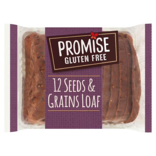 Gluten Free Sliced Bread with 12 Seeds and Grains<br/><br/><b>Further Description</b><br/>Reducing the consumption of saturated fat contributes to the maintenance of normal blood cholesterol levels.<br/>
It is important to maintain a varied and balanced diet and healthy lifestyle<br/>
<br/>
Like us on Facebook.com/PromiseGlutenFree<br/>
<br/>
Find us on Facebook, Twitter and Instagram<br/><br/><b>Nutritional Claims</b><br/>High fibre<br/>Source of protein<br/><br/><b>Features</b><br/>We promise you'll love the taste!<br/>High fibre, dairy free, source of protein and delicious<br/>Suitable for vegetarian<br/><br/><b>Lifestyle</b><br/>Gluten free<br/>Suitable for Vegetarians<br/><br/><b>Pack Size</b><br/>480g ℮<br/><br/><b>Usage Other Text</b><br/>This pack contains approx. 12 slices<br/><br/><b>Usage Count</b><br/>Number of uses - Servings - 12<br/><br/><b>Recycling Info</b><br/>Packing - Recyclable<br/><br/><br/><b>Ingredients</b><br/>Water<br/>Seeds (11.2%) (Sunflower Seed, Brown Linseed, Quinoa, Poppy Seed, Golden Millet Seed, Pumpkin Seed, Chia Seed, Golden Linseed)<br/>Rice Flour (9%)<br/>Humectant: Glycerine<br/>Maize Starch<br/>Tapioca Starch<br/>Yeast<br/>Psyllium Husk Powder<br/>Sugar Cane Fibre<br/>Rapeseed Oil<br/>Potato Starch<br/><span style='font-weight: bold;'>Egg</span> White Powder<br/>Spirit Vinegar<br/>Caramelised Sugar<br/>Thickeners: Hydroxypropyl Methyl Cellulose, Sodium Carboxymethyl Cellulose, Methyl Cellulose, Xanthan Gum<br/>Pea Protein<br/>Iodised Salt (Salt, Potassium Iodate)<br/>Sugar<br/>Preservatives: Sodium Propionate, Sorbic Acid<br/>Prune Purée<br/>Wholegrain Maize Flour (0.3%)<br/>Buckwheat Flour (0.3%)<br/>Amaranth Flour (0.3%)<br/>Rice Bran<br/>Acidity Regulator: Sodium Carbonate<br/>Folic Acid<br/>Thiamin<br/>Natural Flavouring<br/><br/><b>Allergy Advice</b><br/>For allergens, see ingredients in <span style='font-weight: bold;'>bold</span><br/><br/><br/><b>Storage Type</b><br/>Ambient<br/><br/><b>Storage and Usage Statements</b><br/>Suitable for Home Freezing<br/><br/><b>Storage</b><br/>Store in a cool, dry place away from strong odours and sunlight.<br/>
Freezing Guidelines: Suitable for home freezing on the day of purchase. Use within one month. Defrost thoroughly before use. Do not refreeze once defrosted.<br/>
For best before date: see front of pack.<br/><br/><b>Company Name</b><br/>Promise Gluten Free Bakery<br/><br/><b>Company Address</b><br/>Ardara,<br/>
Co. Donegal,<br/>
Ireland.<br/><br/><b>Web Address</b><br/>www.promiseglutenfree.com<br/><br/><b>Return To</b><br/>Promise Gluten Free Bakery,<br/>
Ardara,<br/>
Co. Donegal,<br/>
Ireland.<br/>
Contact us at info@promiseglutenfree.com<br/>
www.promiseglutenfree.com<br/>