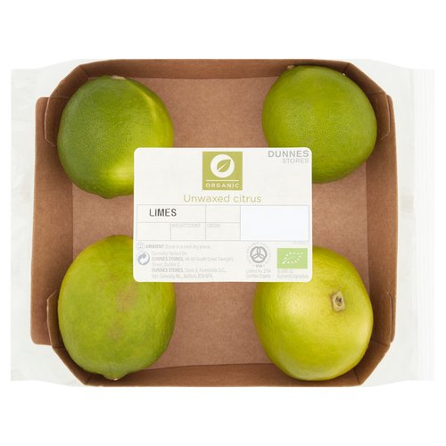 Unwaxed Citrus Limes<br/><br/><b>Features</b><br/>Organic<br/><br/><b>Lifestyle</b><br/>Organic<br/><br/><b>Number of Units</b><br/>4<br/><br/><b>Storage Type</b><br/>Ambient<br/><br/><b>Storage</b><br/>Store in a cool dry place.<br/><br/><b>Company Name</b><br/>Dunnes Stores<br/><br/><b>Company Address</b><br/>46-50 South Great George's Street,<br/>
Dublin 2.<br/>
<br/>
Store 3,<br/>
Forestside S.C.,<br/>
Upr. Galwally Rd.,<br/>
Belfast,<br/>
BT8 6FX.<br/><br/><b>Return To</b><br/>Dunnes Stores,<br/>
46-50 South Great George's Street,<br/>
Dublin 2.<br/>
<br/>
Dunnes Stores,<br/>
Store 3,<br/>
Forestside S.C.,<br/>
Upr. Galwally Rd.,<br/>
Belfast,<br/>
BT8 6FX.<br/><br/>