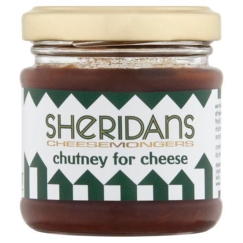 Sheridans chutney for cheese<br/><br/><b>Features</b><br/>Guaranteed Irish<br/><br/><b>Pack Size</b><br/>105g ℮<br/><br/><br/><b>Ingredients</b><br/>Plums<br/>Apples<br/>Onions<br/>Demerara Sugar<br/>Sultanas<br/>Wine Vinegar<br/>Fresh Ginger<br/>Garlic<br/>Salt<br/><br/><b>Safety Warning</b><br/>May contain traces of Plum stones<br/><br/><b>Storage Type</b><br/>Ambient<br/><br/><b>Storage</b><br/>Refrigerate after opening and enjoy within 3 months<br/><br/><b>Company Name</b><br/>Sheridans Cheesemongers Ltd.<br/><br/><b>Company Address</b><br/>Virginia Road Station,<br/>
Pottlereagh,<br/>
Kells,<br/>
Co. Meath,<br/>
Ireland.<br/><br/><b>Web Address</b><br/>www.sheridans.ie<br/><br/><b>Return To</b><br/>Sheridans Cheesemongers Ltd.,<br/>
Virginia Road Station,<br/>
Pottlereagh,<br/>
Kells,<br/>
Co. Meath,<br/>
Ireland.<br/>
www.sheridans.ie<br/>