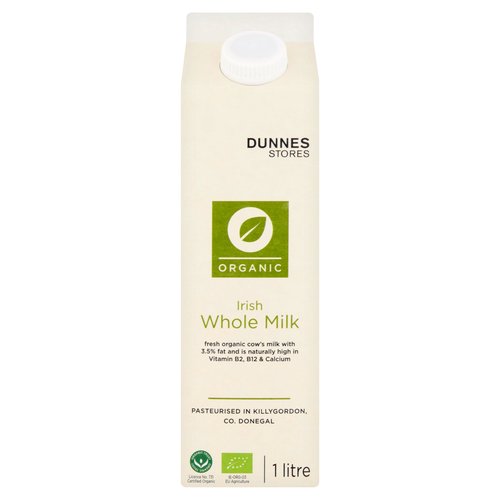 Pasteurised and Homogenised Organic Whole Irish Cow's Milk<br/><br/><b>Nutritional Claims</b><br/>High in protein<br/>High in calcium<br/>High in riboflavin<br/>High in vitamin B12<br/><br/><b>Features</b><br/>Organic<br/>Fresh organic cow's milk with 3.5% fat and is naturally high in vitamin B2, B12 & calcium<br/>Pasteurised in Killygordon, Co. Donegal<br/>High in protein, calcium, riboflavin and vitamin B12<br/>Suitable for vegetarians<br/><br/><b>Lifestyle</b><br/>Organic<br/>Suitable for Vegetarians<br/><br/><b>Pack Size</b><br/>1L ℮<br/><br/><b>Usage Other Text</b><br/>Number of servings per pack: 5<br/><br/><b>Usage Count</b><br/>Number of uses - Servings - 5<br/><br/><b>Recycling Info</b><br/>Cap - Plastic - Widely Recycled<br/>Carton - Card - Widely Recycled<br/><br/><br/><b>Ingredients</b><br/>Irish Cow's <span style='font-weight: bold;'>MILK</span> (100%)<br/><br/><b>Allergy Advice</b><br/>For allergens, see ingredients in <span style='font-weight: bold;'>BOLD</span><br/><br/><br/><b>Storage Type</b><br/>Chilled<br/><br/><b>Storage and Usage Statements</b><br/>Keep Refrigerated<br/><br/><b>Storage</b><br/>Keep refrigerated 0°C to +4°C.<br/>
Consume within 3 days of opening and by 'use by' date.<br/>
For 'use by', see top of carton.<br/><br/><b>Storage Conditions</b><br/>Min Temp °C 0<br/>Max Temp °C 4<br/><br/><b>Origin</b><br/>Packed in Co. Donegal<br/><br/><b>Company Name</b><br/>Dunnes Stores<br/><br/><b>Company Address</b><br/>Dunnes Stores,<br/>
46-50 South Great George's Street,<br/>
Dublin 2.<br/>
<br/>
Dunnes Stores,<br/>
Store 3,<br/>
Forestside S.C.,<br/>
Upr. Galwally Rd.,<br/>
Belfast,<br/>
BT8 6FX.<br/><br/><b>Return To</b><br/>Quality Guarantee<br/>
If you are not satisfied with this product please return to store and we will be happy to replace or refund it for you. This does not affect your statutory rights.<br/>
Dunnes Stores,<br/>
46-50 South Great George's Street,<br/>
Dublin 2.<br/>
<br/>
Dunnes Stores,<br/>
Store 3,<br/>
Forestside S.C.,<br/>
Upr. Galwally Rd.,<br/>
Belfast,<br/>
BT8 6FX.<br/>
