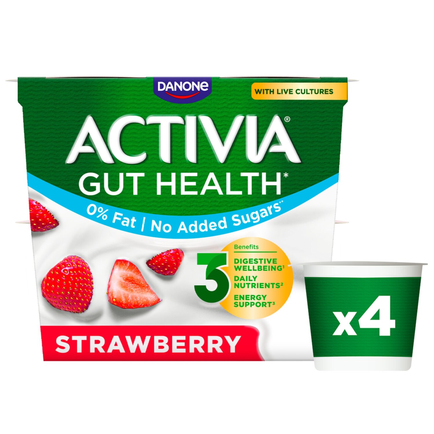 Activia Strawberry No Added Sugar Gut Health Yogurt 4 x 115g (460g) -  Dunnes Stores