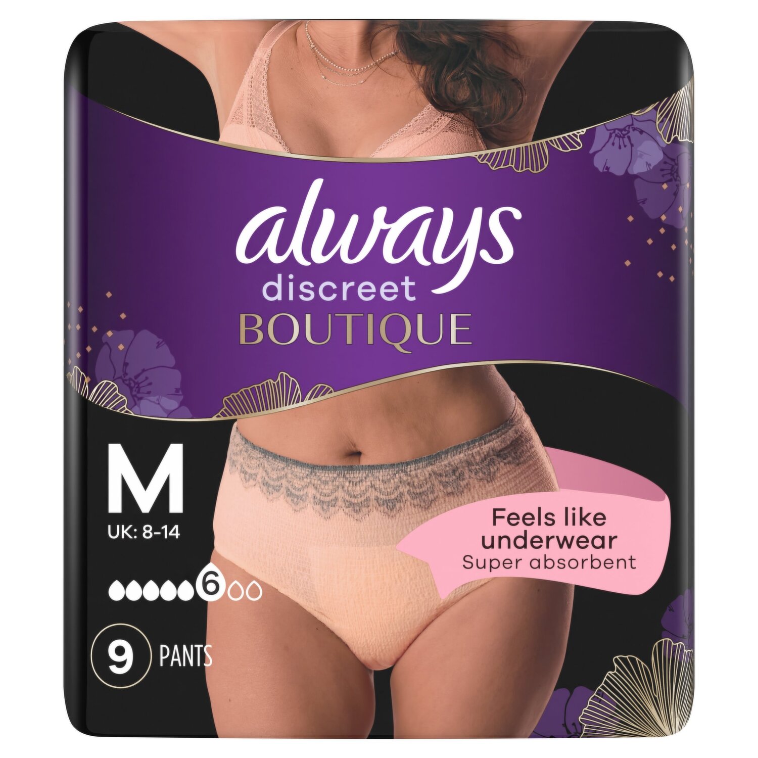 Always Discreet Boutique Underwear - Peach Medium Case 2 Packs of 9