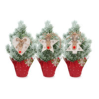 3" Flocked Pine W/ Wooden Character Decoration, 1 Each