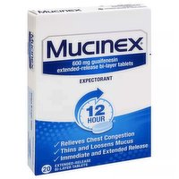 Mucinex Expectorant, 600 Mg, 12 Hour, Extended-Release Bi-Layer Tablets, 20 Each