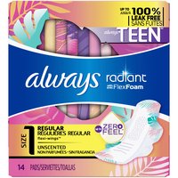 Always Radiant Teen Pads with Wings, Regular, 14 Each