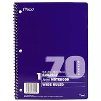 Mead Spiral Notebook, 1 Subject, Wide Ruled, 1 Each