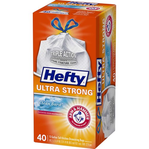 Hefty Ultra Strong Tall Kitchen Bags, Drawstring, Clean Burst, 13 Gallon - 40 bags