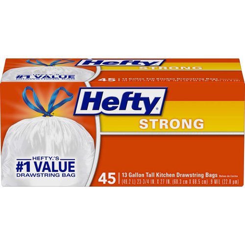 <ul>
<li>Hefty's #1 Value Drawstring Bag</li>
<li>Patented Odor Neutralizer</li>
<li>The Standard of Purity</li>
<li>Superior Strength</li>
<li>Dependable Strength</li>
<li>Drawstring Closure</li>
</ul>