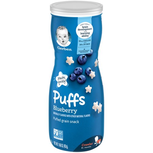 <ul>
<li>One (1) 1.48 oz container of Gerber Graduates Blueberry Puffs.</li>
<li>Melt-in-your-mouth texture specially designed to dissolve quickly</li>
<li>Star-shaped with ridges, making them easy for little ones to pick up</li>
<li>Non-GMO: Not made with genetically engineered ingredients</li>
<li>Gerber is a leader in infant and early childhood nutrition.  Have questions?  We are awake when you are 24/7: 1-800-284-9488</li>
</ul>