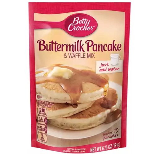 Betty Crocker™ Buttermilk Pancake & Waffle Mix. Just add water. Makes 10 pancakes. Per 1/2 cup mix as packaged: 200 Calories. 1.5g Sat fat, 6% DV. 440mg Sodium, 18% DV. 9g Sugars. Net Wt 6.5 oz (191 g).
Partially produced with genetic engineering. Learn more at ask.generalmills.com. Carbohydrate choices: 2 1/2. The red spoon promise: The red spoon is my promise of great taste, quality and convenience. This is a product you and your family will enjoy. I guarantee it. Call 1-800-336-9331 Mon.-Fri. 7:30 a.m.-5:30 p.m. CT. www.bettycrocker.com. © General Mills.